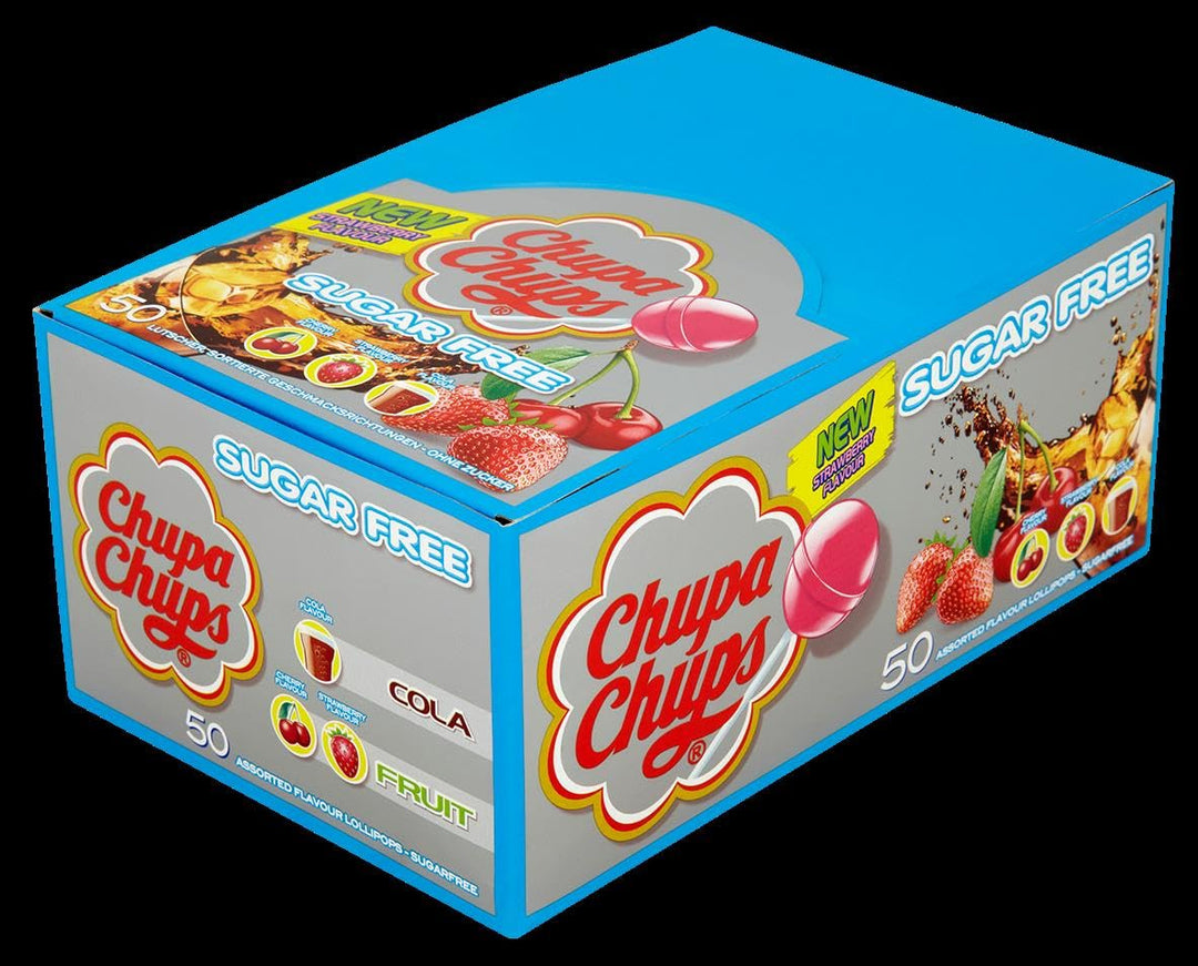 Chupa Chups Sugar-Free Lollipops Assorted Flavors - Cherry, Cola & Strawberry, 50 Count Display Box