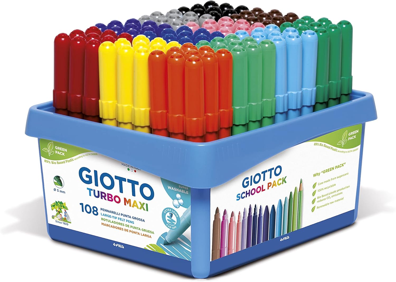 GIOTTO Turbo Maxi Super Washable Felt Tip Pens - 108pc Assorted Colours, 5mm Tip, Age 3+ 1