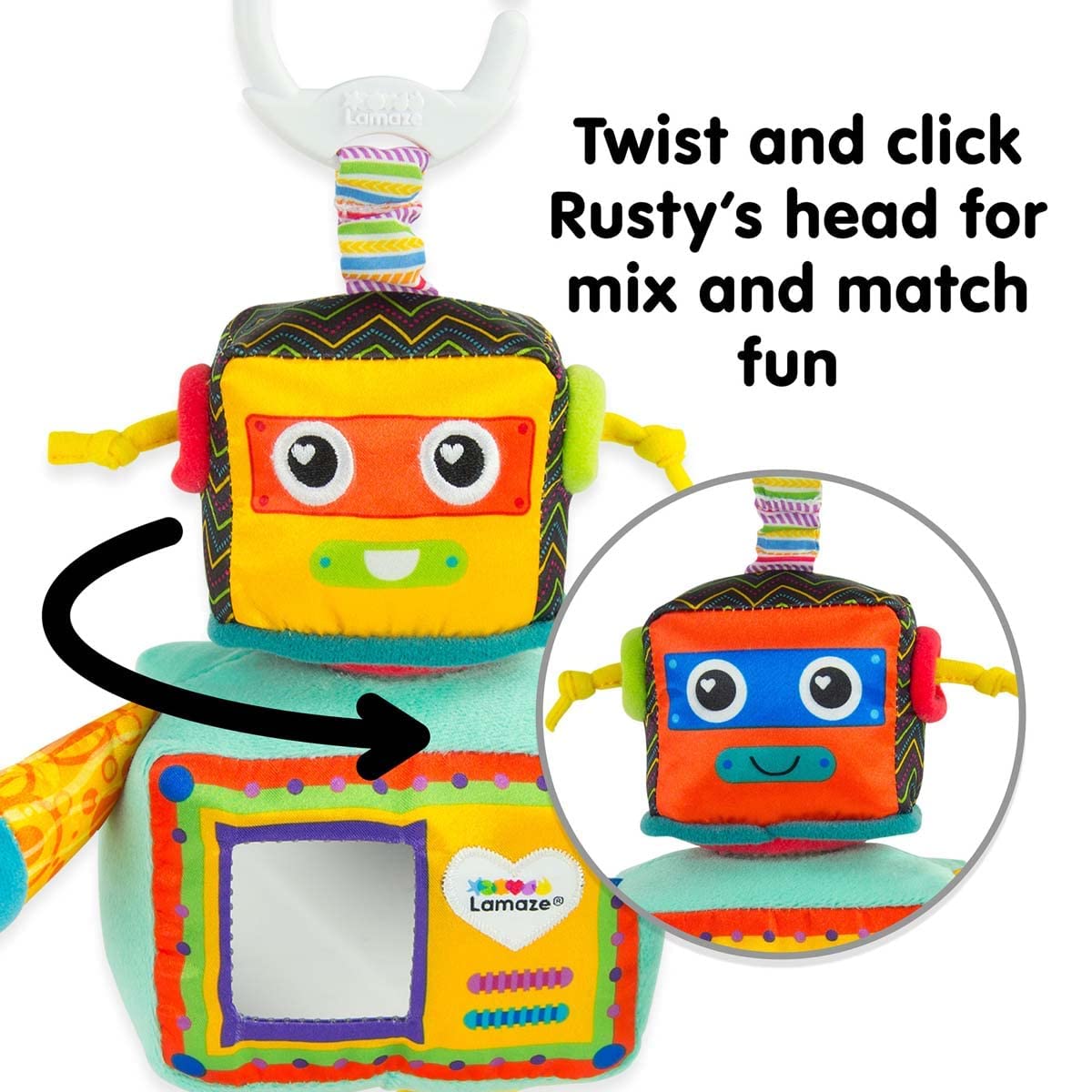 Lamaze Rusty der Roboter – Sinnesspielzeug für Babys von 0–6 Monaten mit drehbarem Kopf und Clip 7