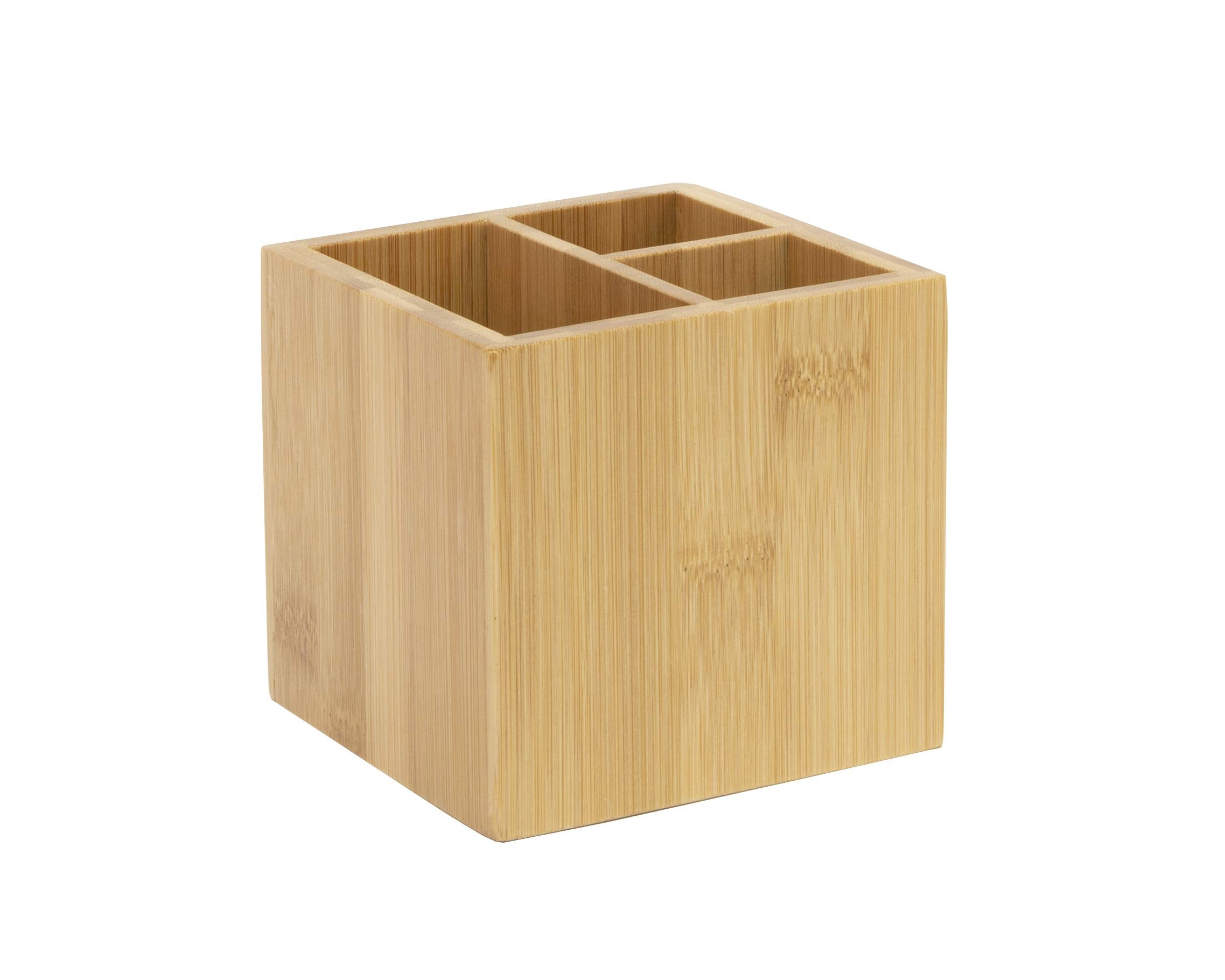 Osco Bamboo Square Pen Pot with 3 Compartments - Natural Finish | H100mm x W105mm