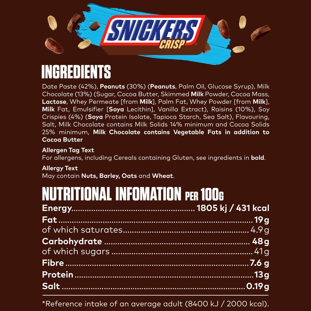 Snickers Crisp Fruit & Nut Milk Chocolate Snack Bars - 18 x 40g