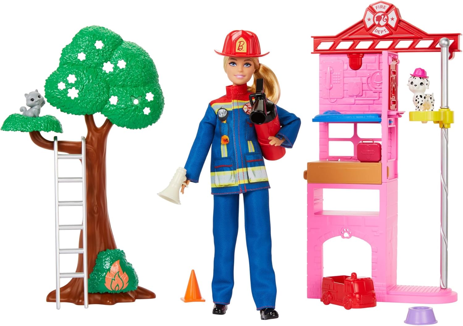 Barbie Careers Firefighter Doll & Playset with Fire Station, Tree, 2 Pets, 16-Piece Set for Kids 3+