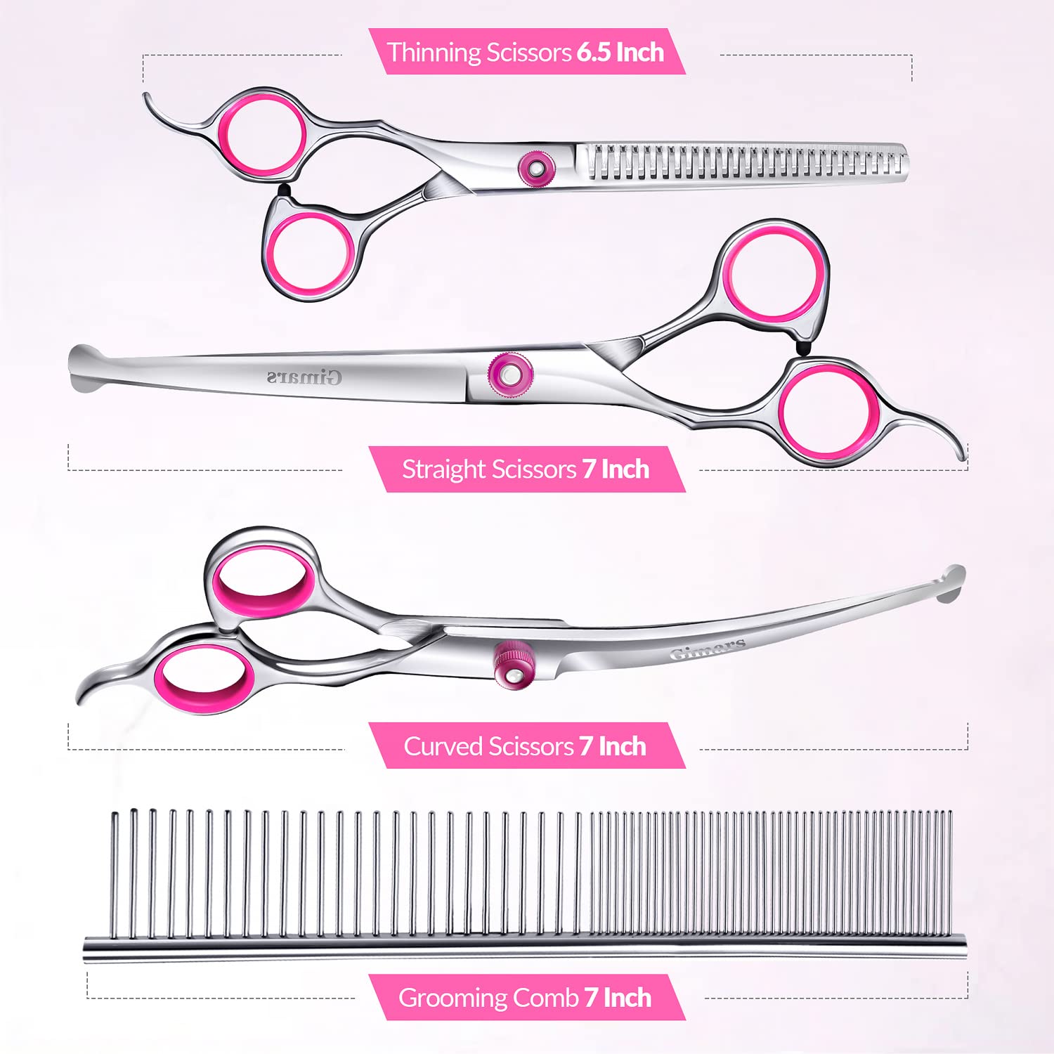 Gimars Professional Dog Grooming Scissors Kit - 5-in-1 Set with Safety Round Tip | 4CR Stainless Steel 4