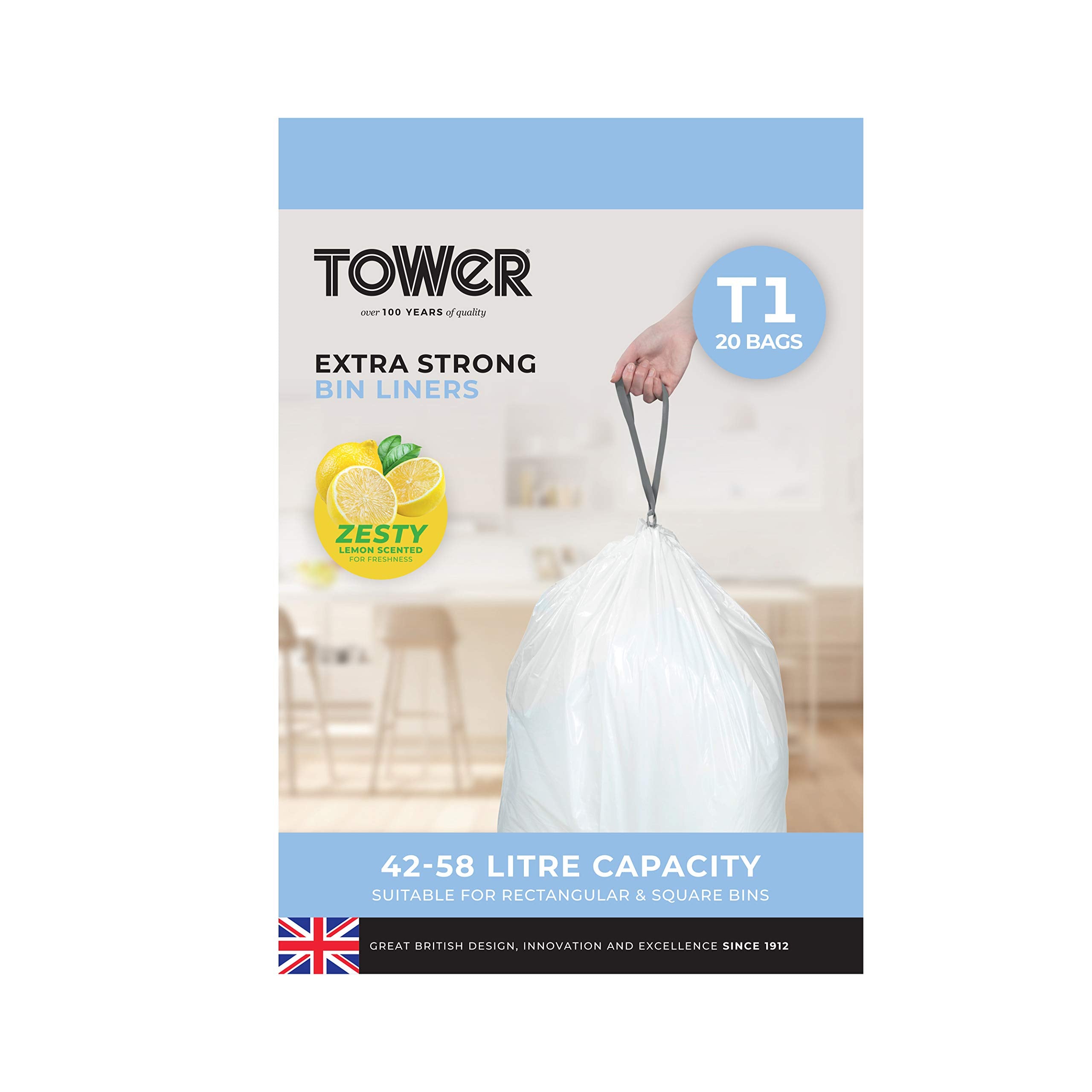 Tower T878000 Heavy Duty Drawstring Bin Liners - 42-58L Capacity, Lemon Scented | 20 Pack 1