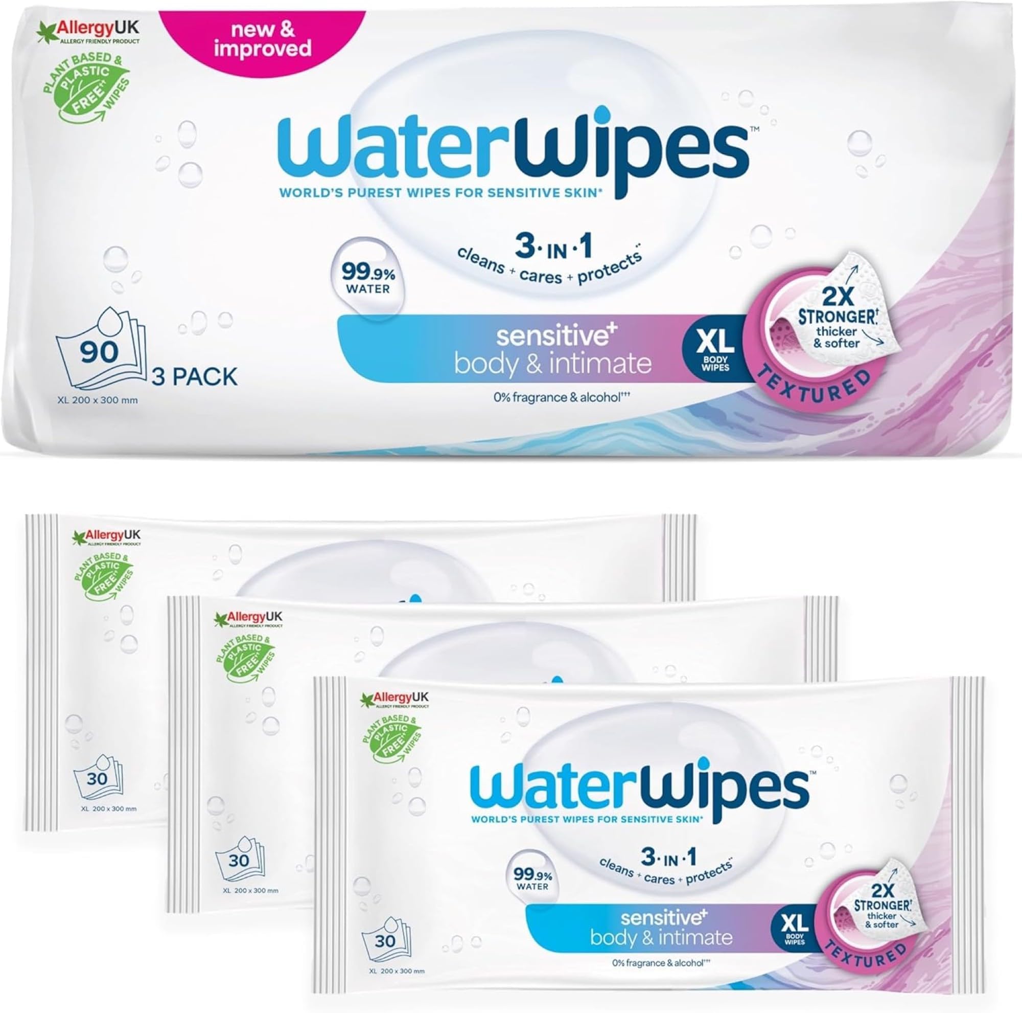 WaterWipes Sensitive+ Body & Intimate Cleansing Wipes - 99.9% Purified Water | 90 Count (Pack of 3)