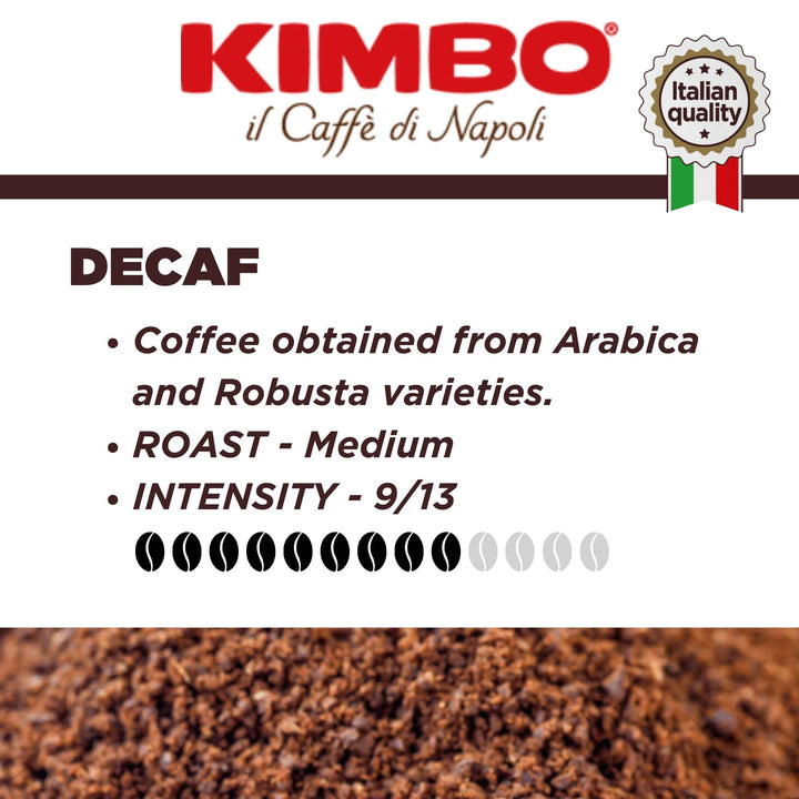 Kimbo - Decaffeinated Ground Coffee 250g | Medium Roast Italian Espresso