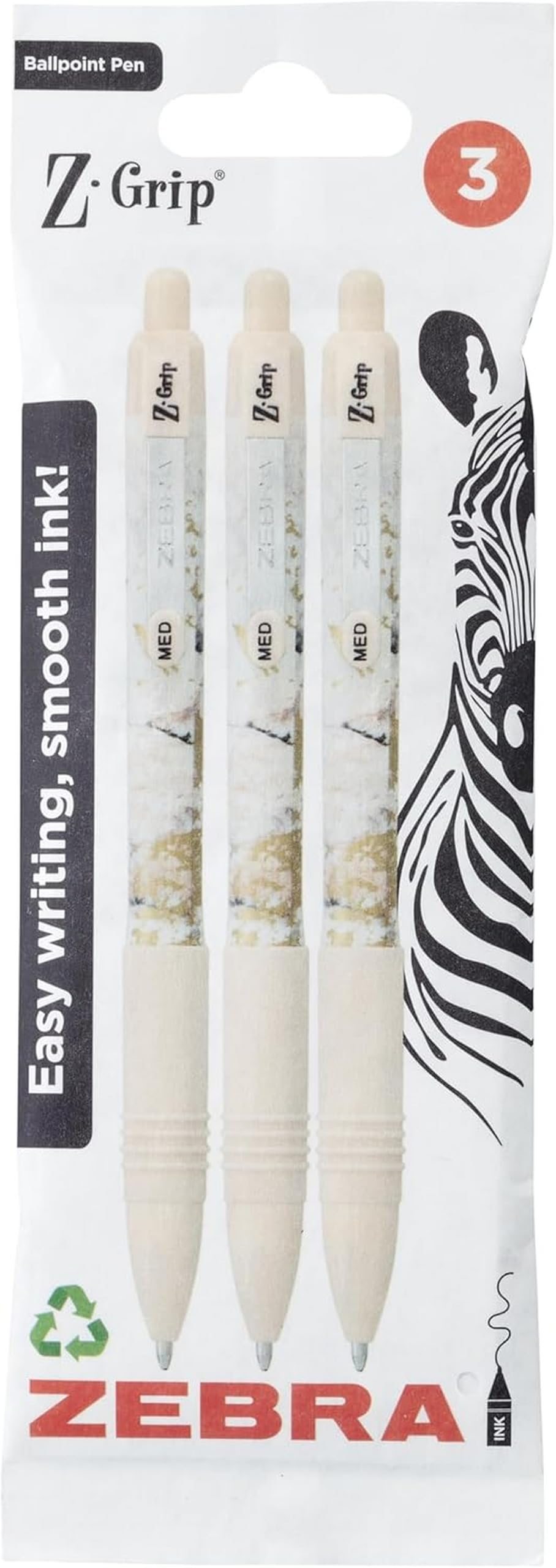 Zebra Pen Z-Grip Smooth Glam Retractable Ballpoint Pens - Black Ink, 1.0mm Medium Point, 3 Pack