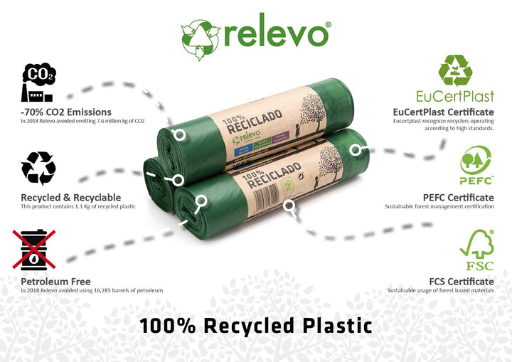 Relevo 100% Recycled Heavy Duty Bin Liners 50L - 30 Bags (70 x 75 cm), Green