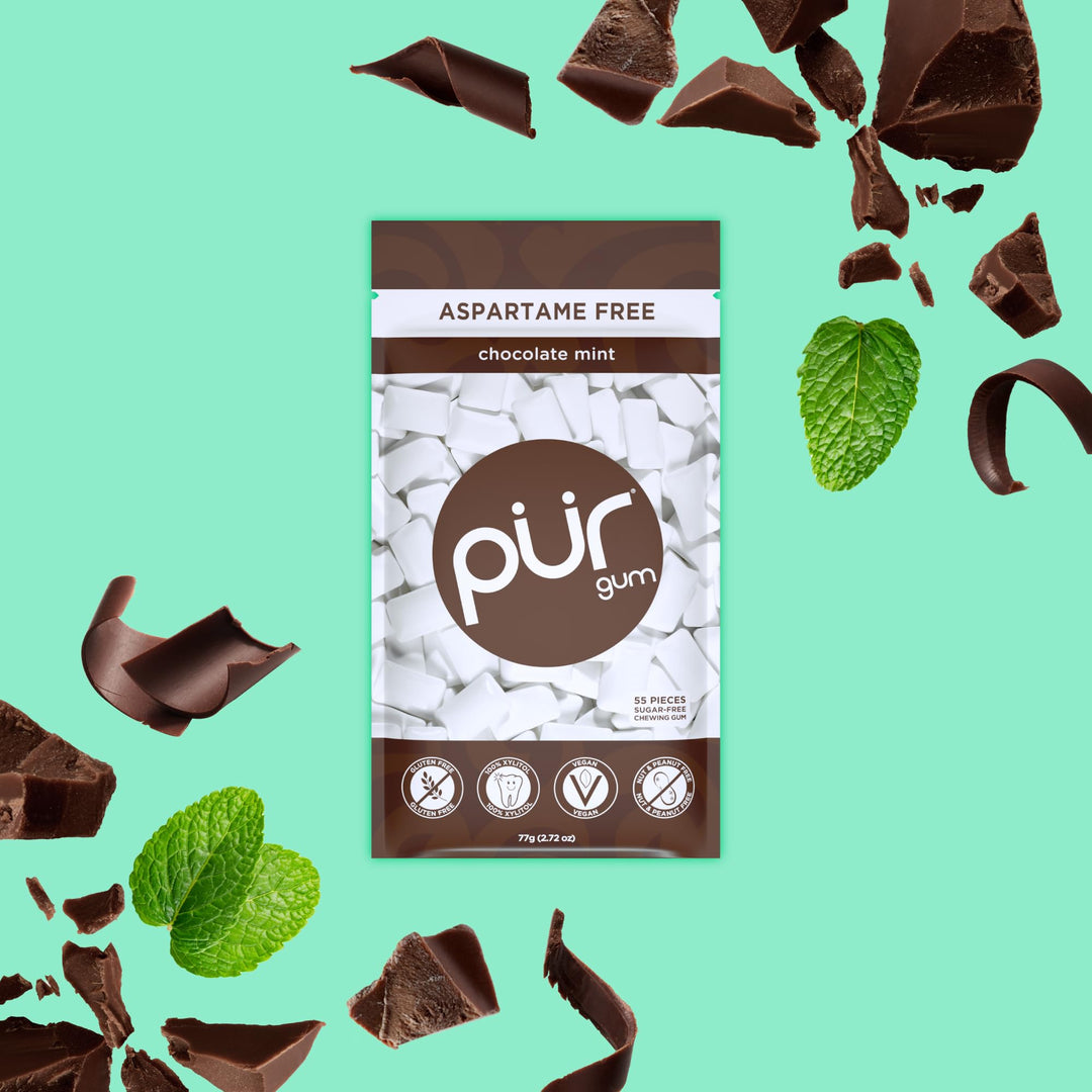 PUR - Natural Chocolate Mint Sugar-Free Chewing Gum (55 Pieces, Pack of 3)