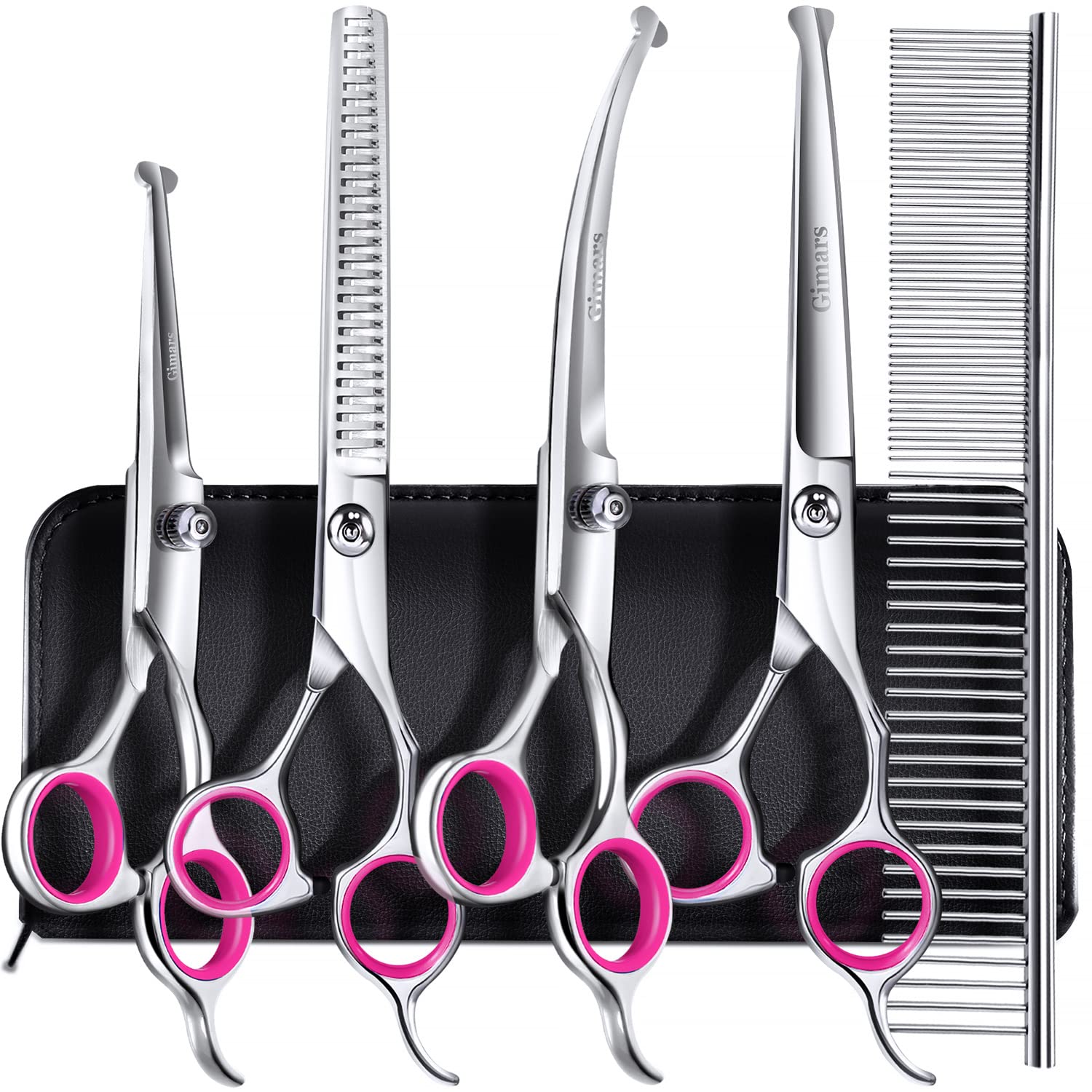 Gimars 6-in-1 Professional Dog Grooming Scissors Set | 4CR Stainless Steel | Pink