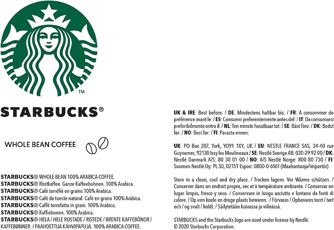 STARBUCKS - Espresso Roast Dark Roast Whole Bean Coffee 200g (Pack of 6)