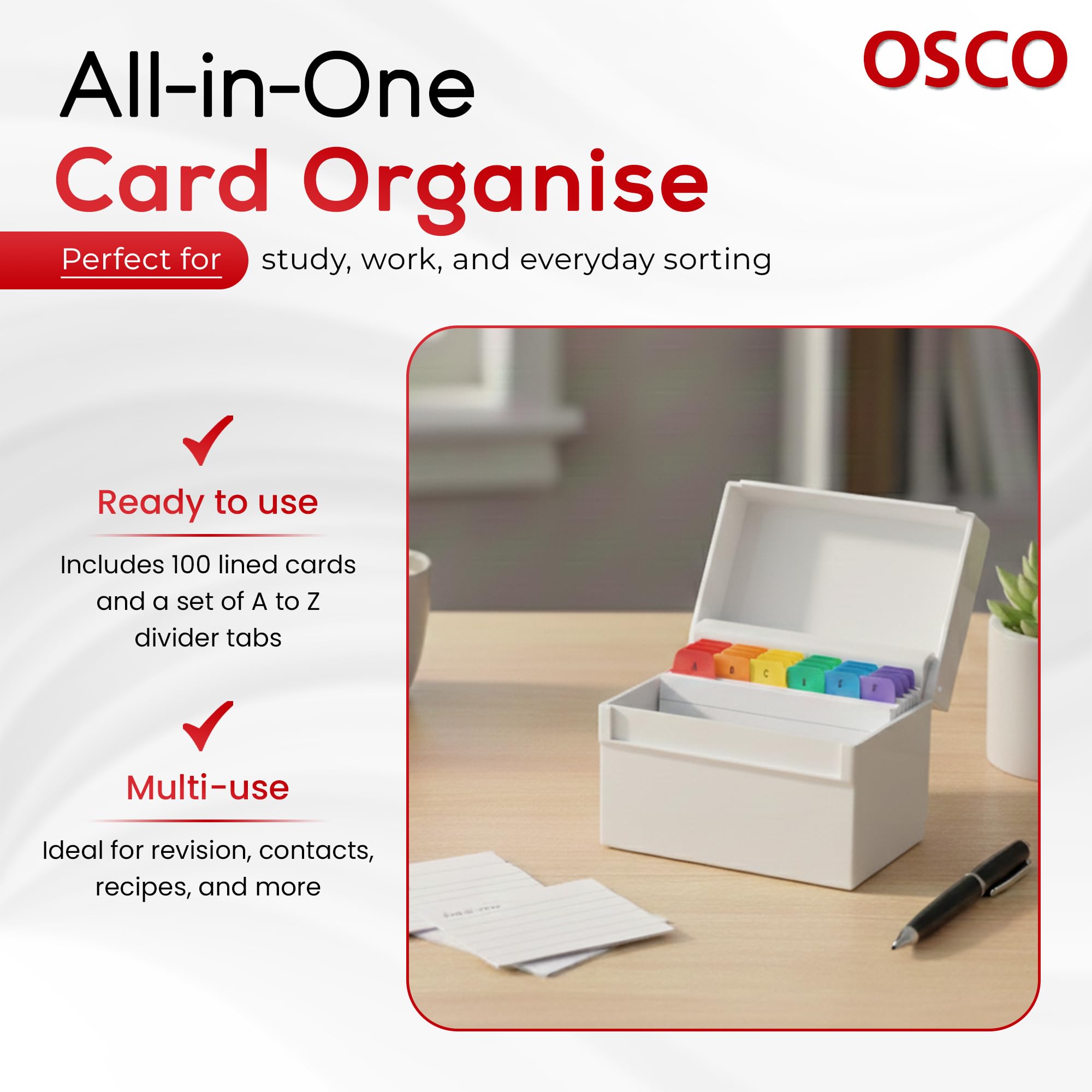 Osco White Hi-Gloss Plastic Index Box with A to Z Dividers and 100 Lined Note Sheets | 5' X 3' 4