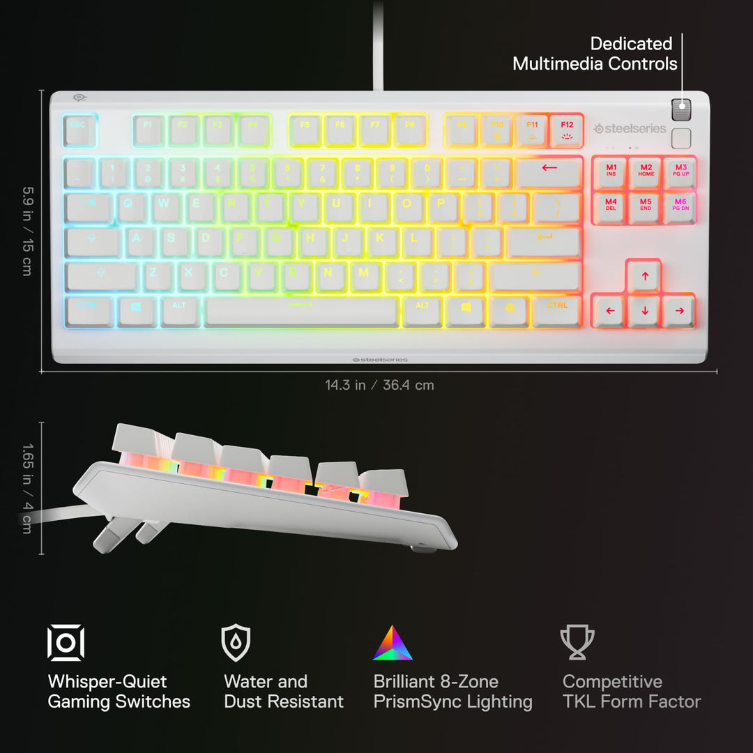 SteelSeries Apex 3 TKL White RGB Gaming Keyboard - UK Layout - 8-Zone RGB - Whisper-Quiet Switches - Water Resistant