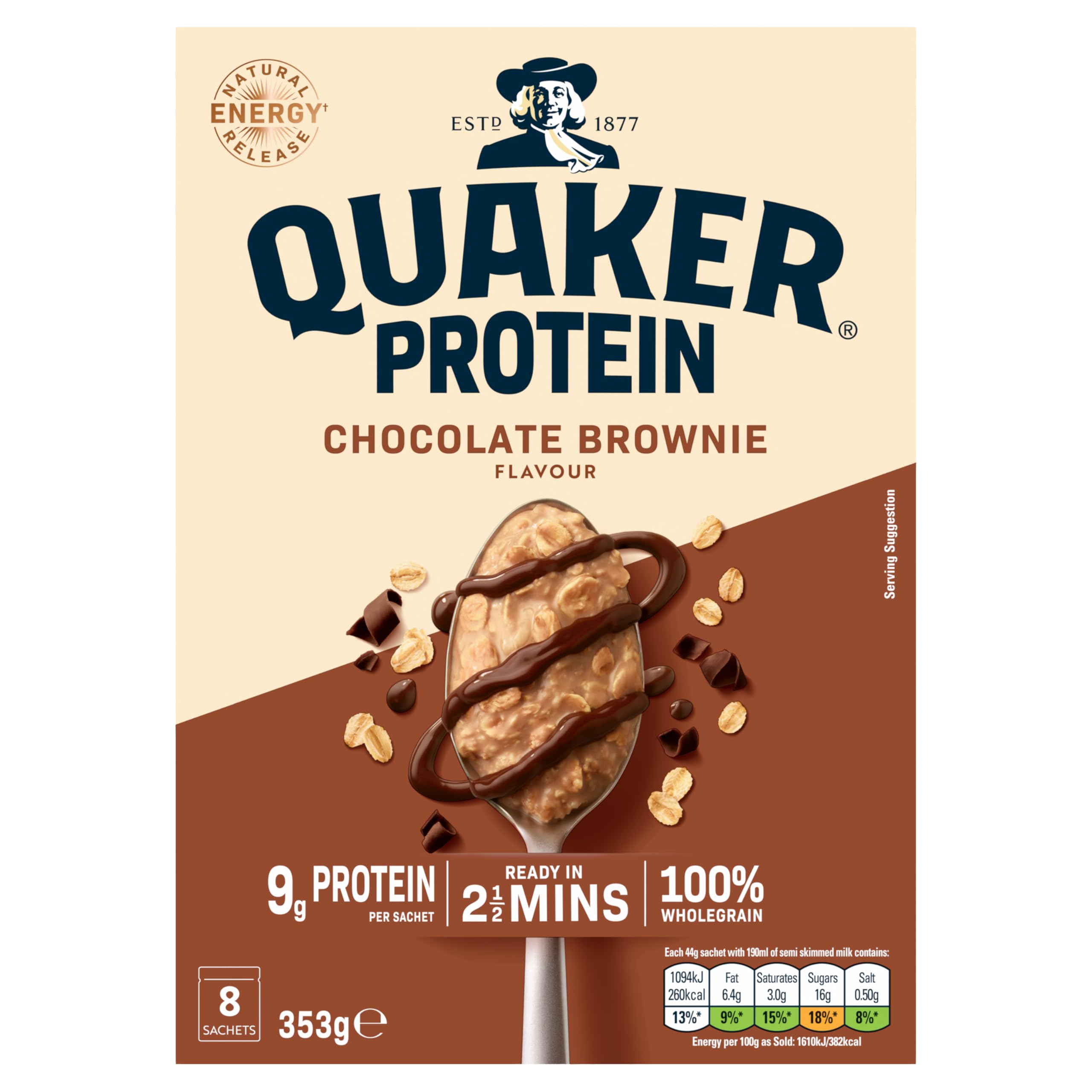 Quaker High Protein Chocolate Brownie Porridge Sachets - 9g Protein Per Sachet | 100% Wholegrain | Ready in 2.5 Minutes 1