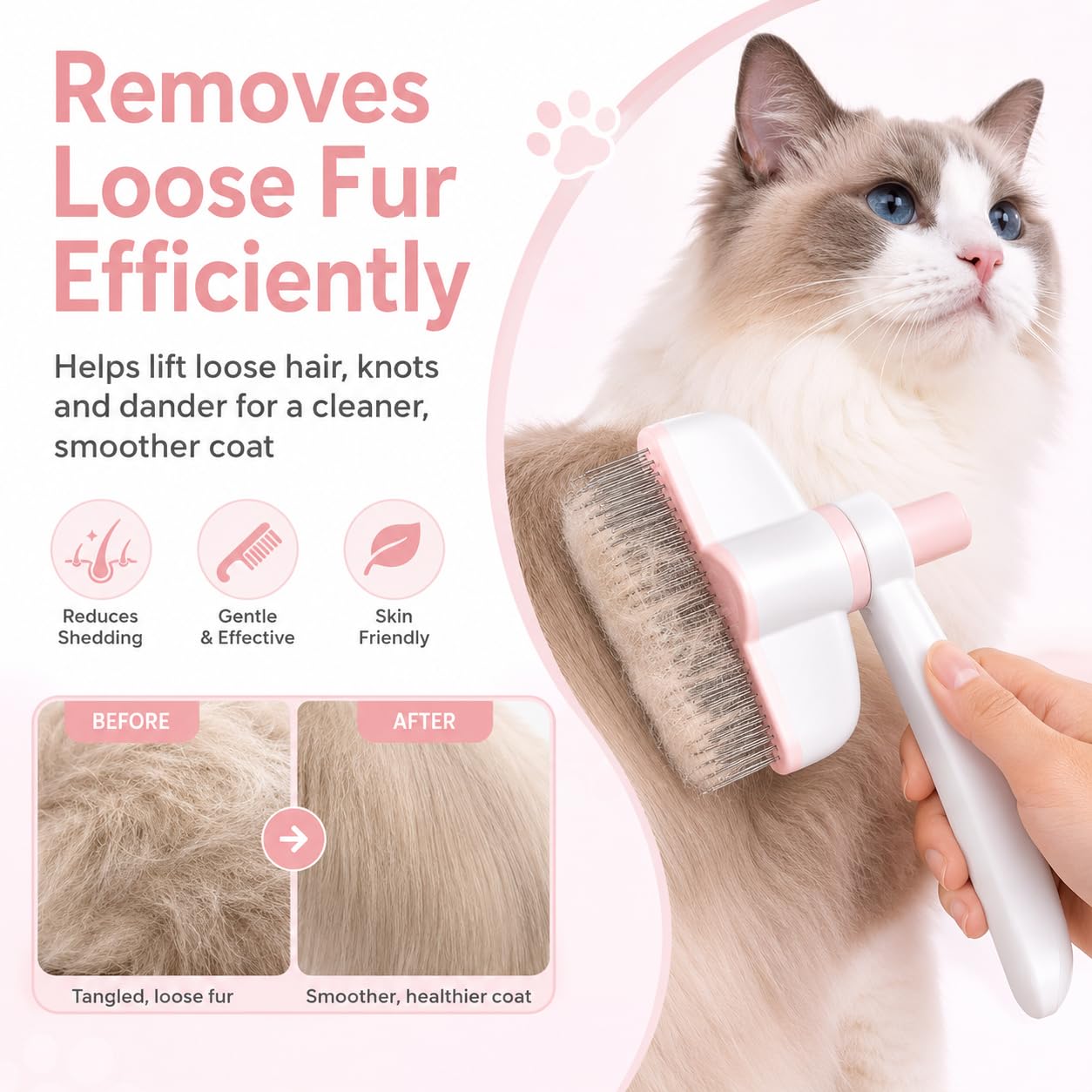 JADUFHU Self-Cleaning Cat Grooming Brush - Undercoat Removal | Stainless Steel Bristles | Pink 3