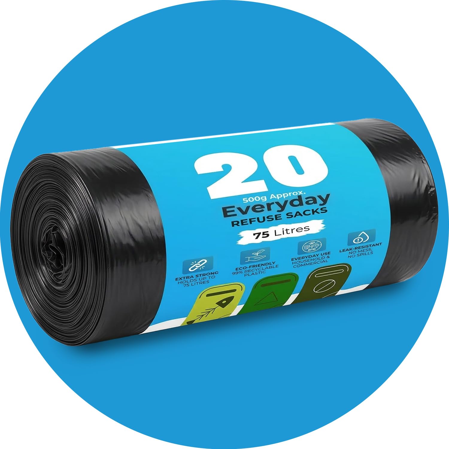 Roe Tenpo Extra Strong Bin Bags - 75L Capacity, 20 Count, Black | Recyclable