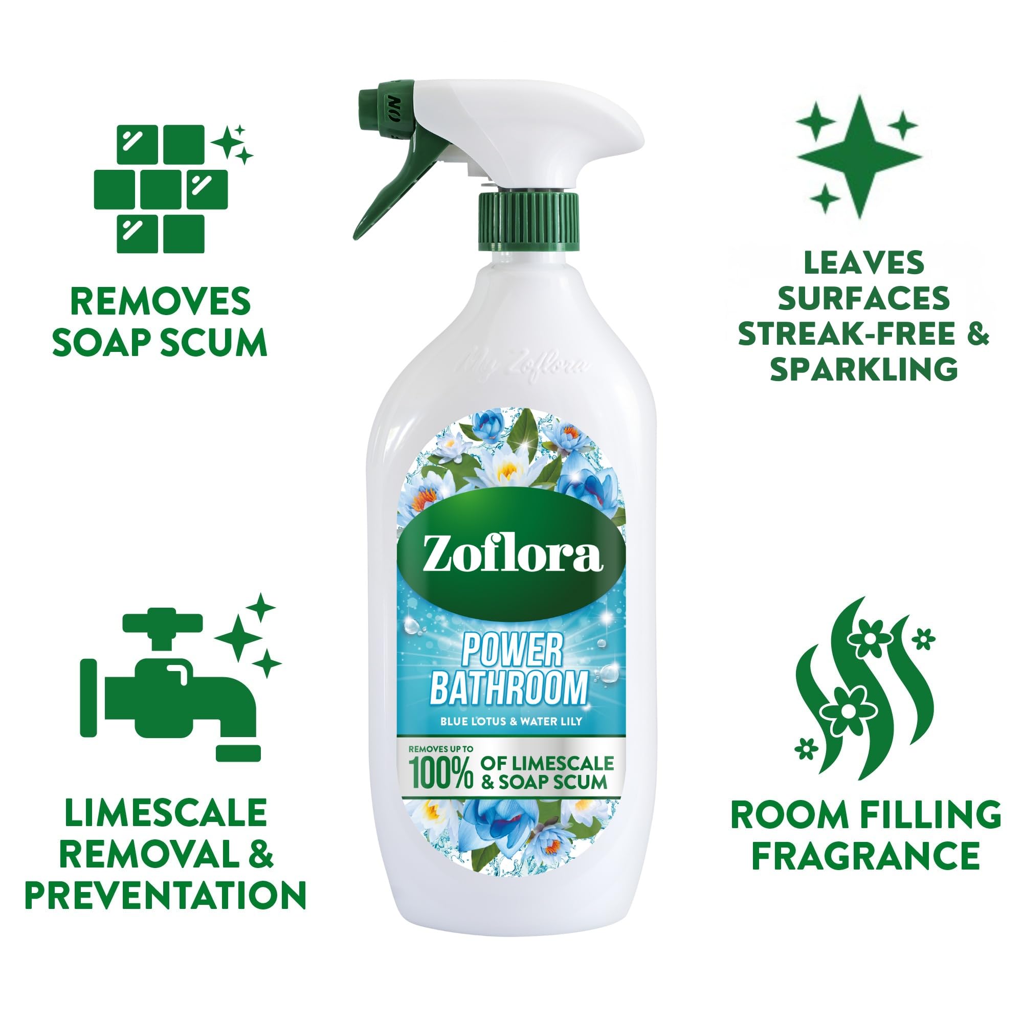 Zoflora Blue Lotus & Water Lily Bathroom Cleaner - Removes 100% Limescale | Streak-Free | 800ml 2
