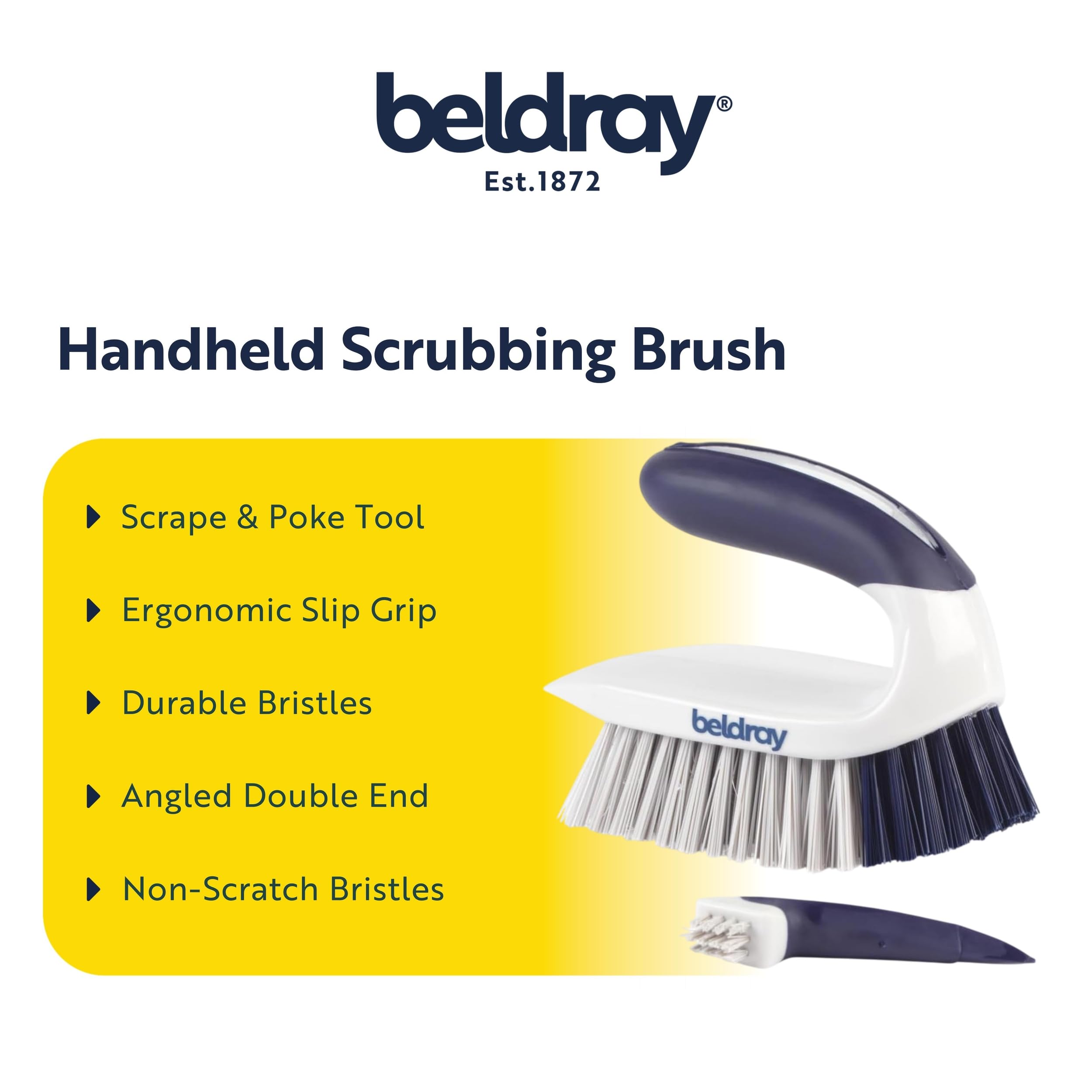 Beldray Deep Clean Handheld Scrubbing Brush - Tough Bristles | Built-in Scraper | Non-Slip Grip