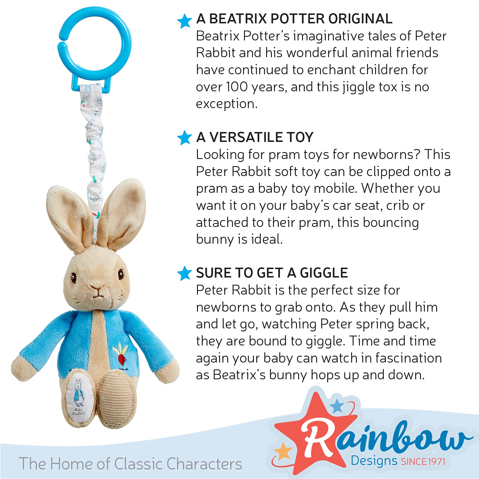 Rainbow Designs Peter Rabbit Jiggle Attachable Soft Toy - 21 cm, Multicolor, Unisex 4