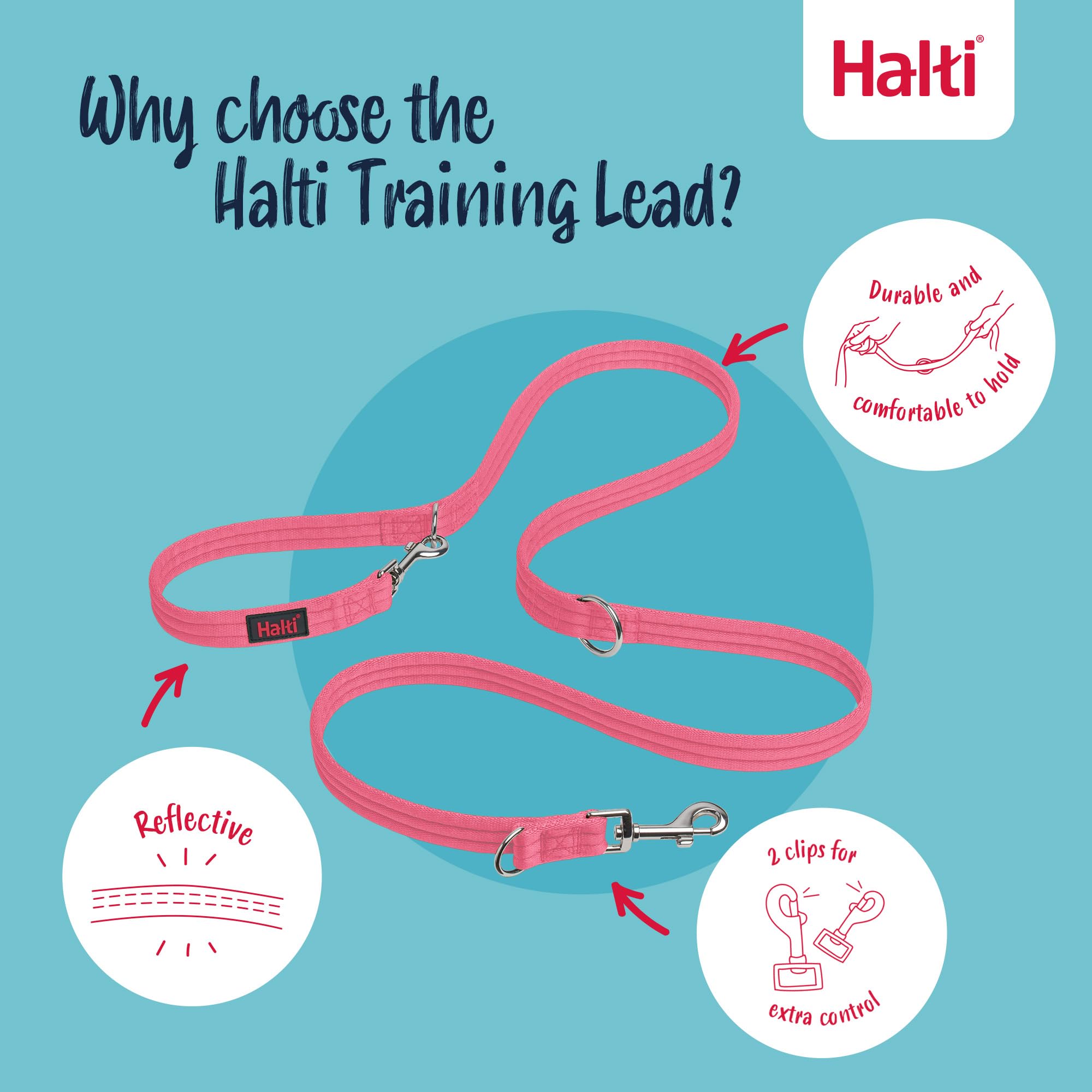 Halti Training Lead - Multi-functional Double Ended Lead | Pink, Small, 2m 3