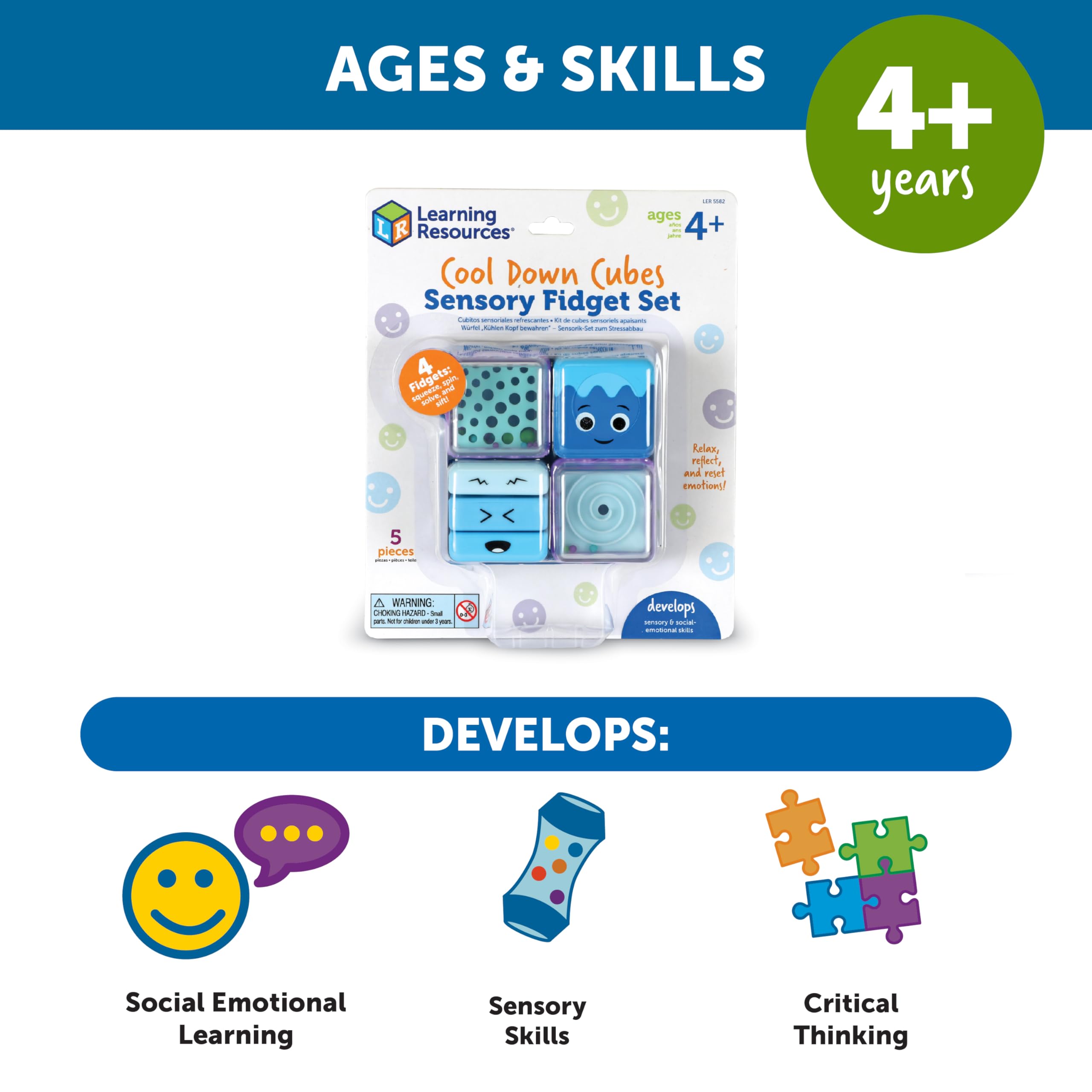 Learning Resources Cool Down Cubes Sensory Fidget Toy Pack - 4 Fidget Actions | Ages 4+ | Multicolor 5