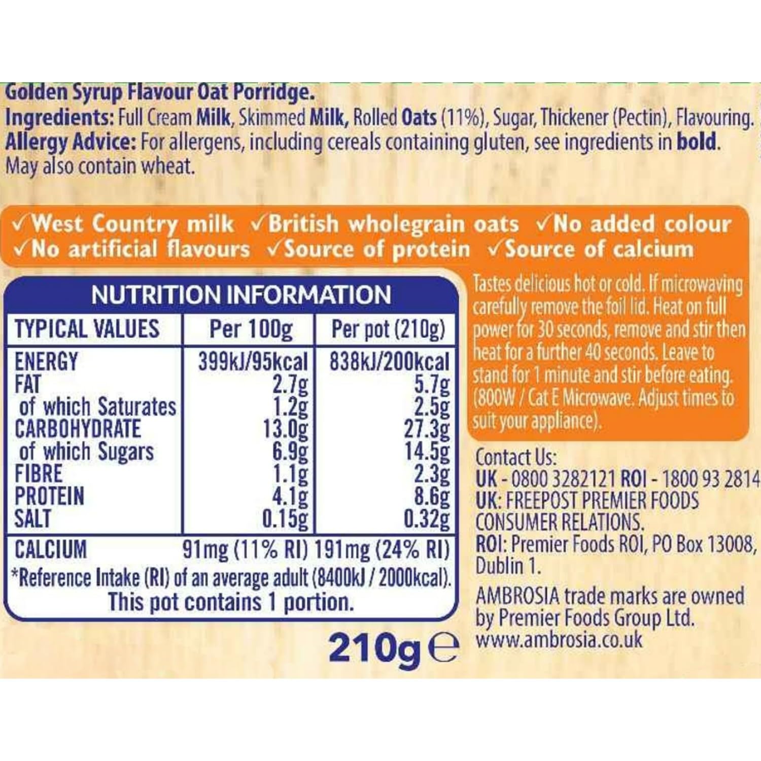 Ambrosia – Fettarme Porridge-Becher mit goldenem Sirupgeschmack und britischem Vollkornhafer, 210 g (6er-Pack) 6