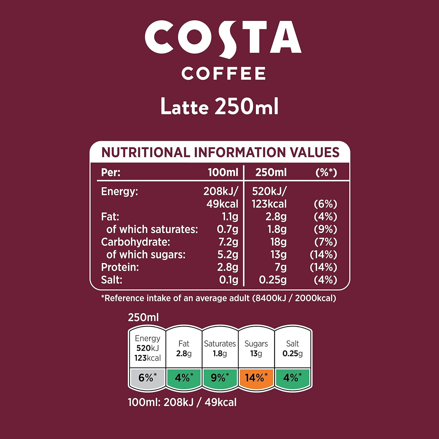 Costa Coffee Latte 4 x 250 ml - Creamy Ready-to-Drink Coffee with Mocha Italia Blend 4