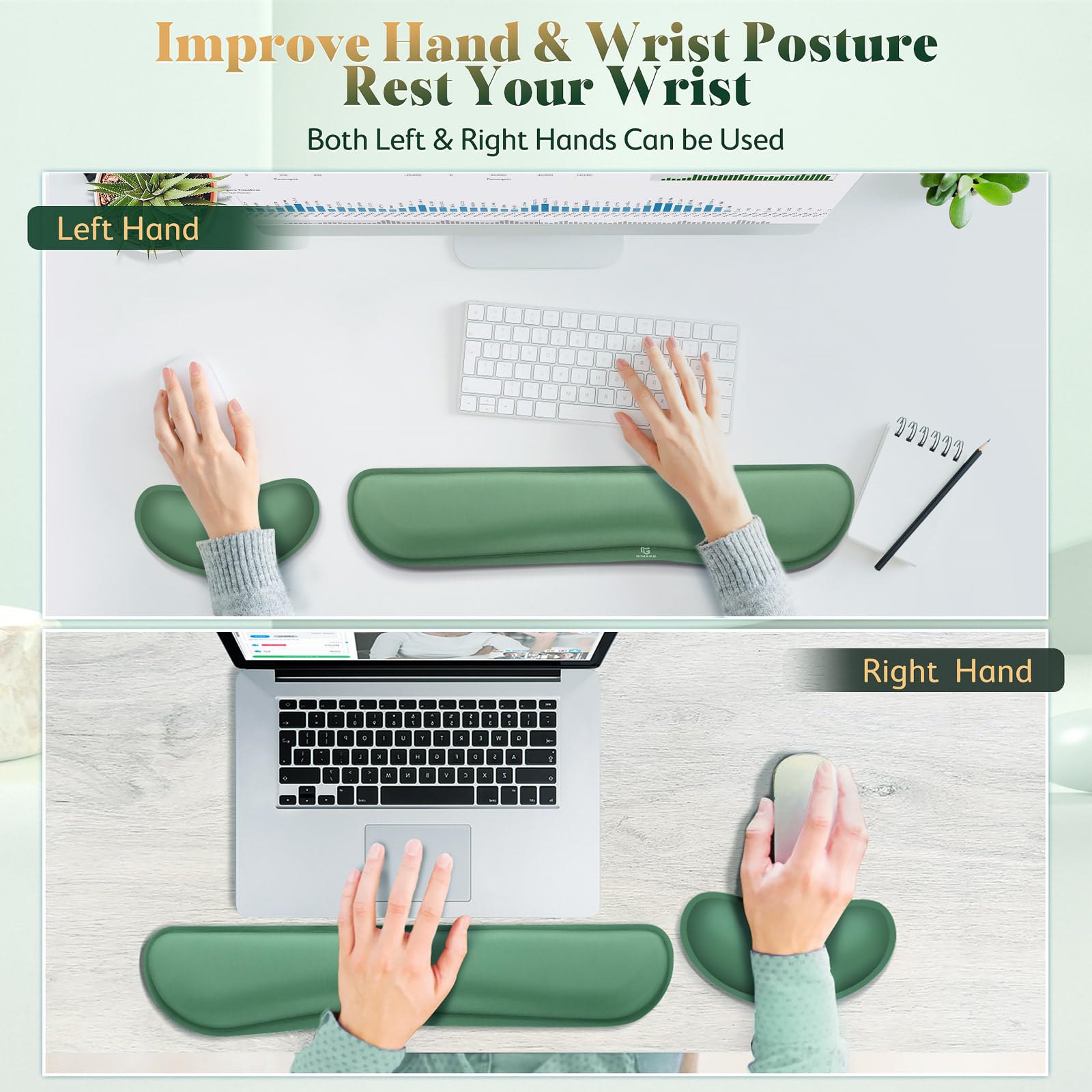 Gimars Extended Memory Foam Wrist Rest Set - 3CM Ultra Thick Support | Dark Green | 3 Items 6