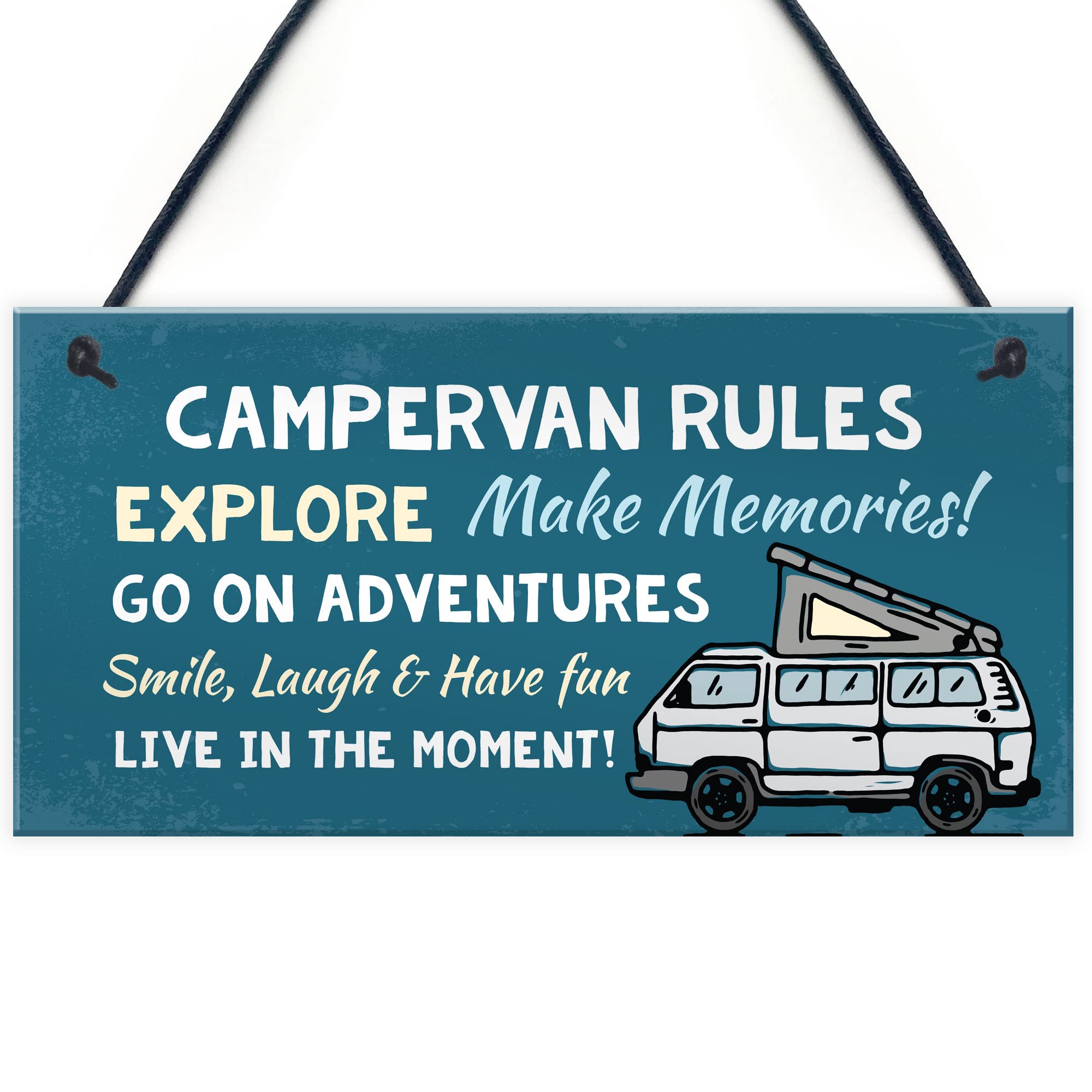 RED OCEAN Campervan Rules Hanging Door Plaque - Blue PVC | 200x100mm | Handmade in England 1