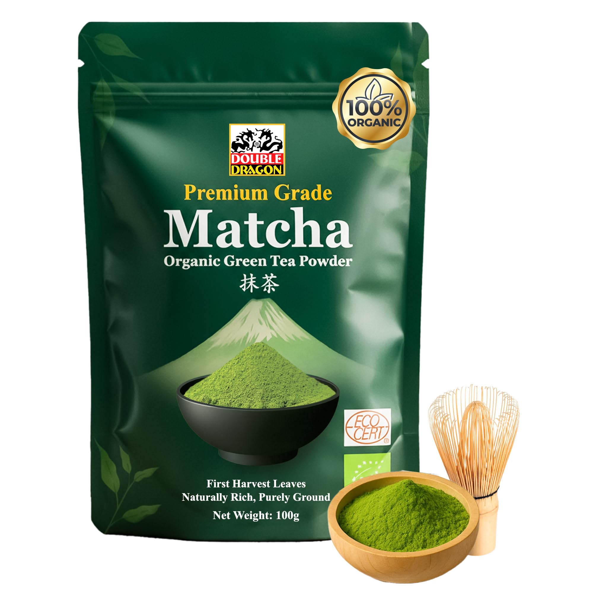 Double Dragon Organic Matcha Green Tea Powder - Premium Grade | 100g | Antioxidant-Rich
