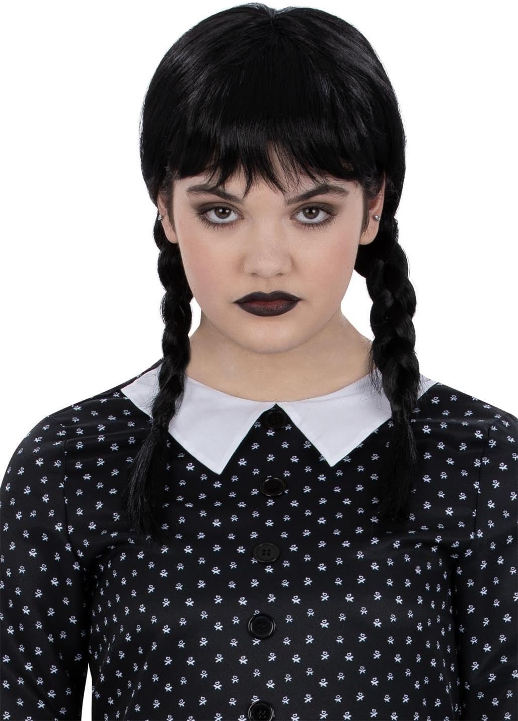 Smiffys Wednesday Addams Gothic School Girl Wig with Plaits & Fringe 1