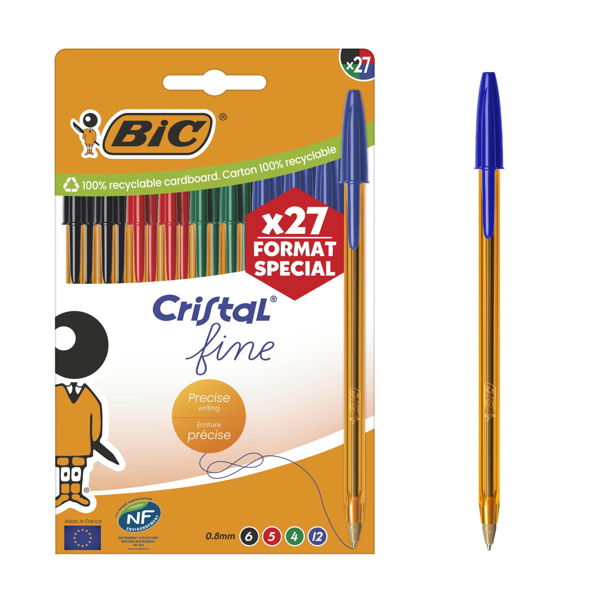 BIC Cristal Original Ballpoint Pens - Fine 0.8mm Point, Assorted Colours, Pack of 27
