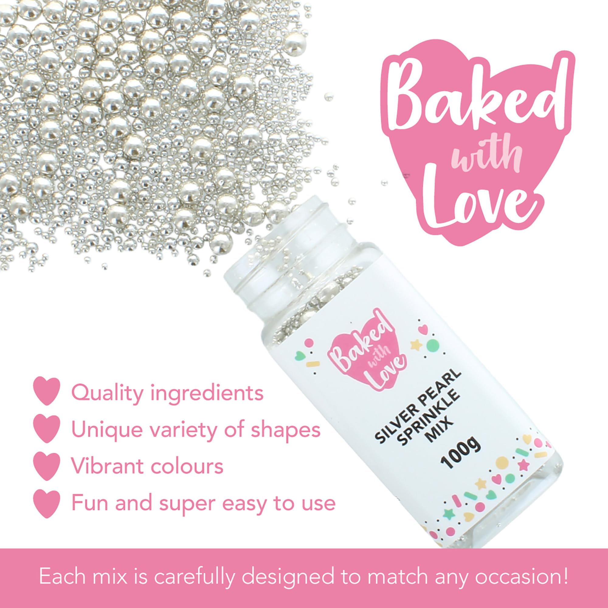 Baked with Love Silver Pearl Sprinkles - Edible Sugar Balls for Cakes & Cupcakes | 100g