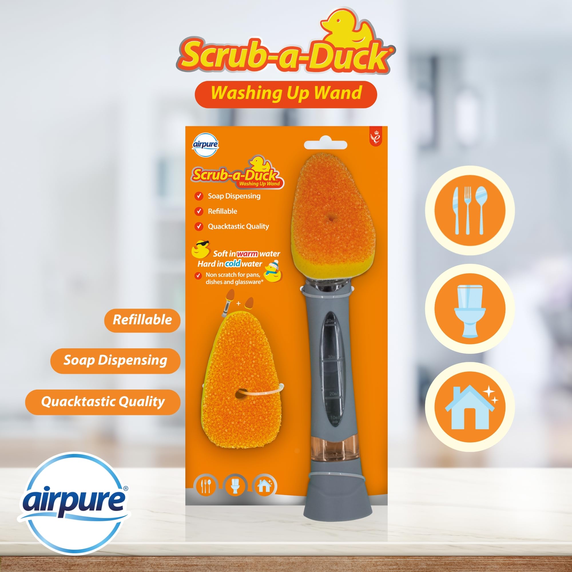 airpure Scrub-a-Duck Washing Up Wand - Soap Dispensing | Refillable Head | Non-Scratch Cleaning 2