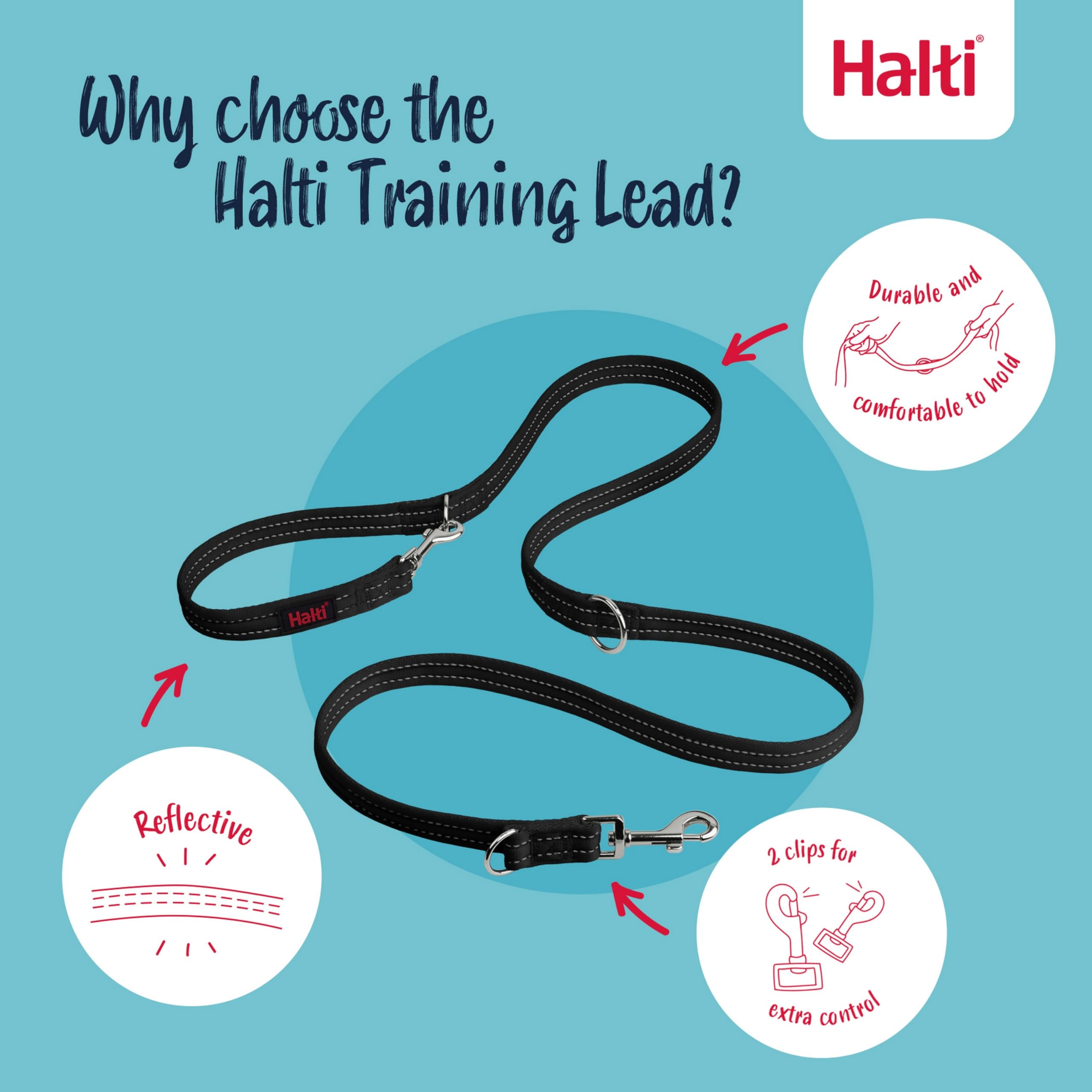 Halti Training Lead - Stops Pulling, Double-Ended, Lightweight & Durable | Size Large, Black, 2m 4