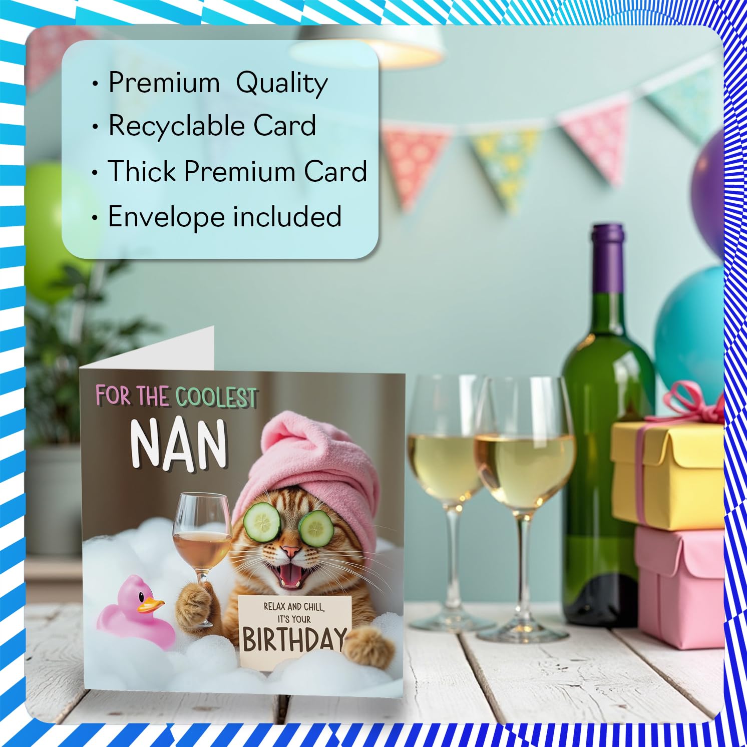 Stuff4 Funny Nan Birthday Card - Relaxing Bath Cat Design | 145mm x 145mm 3