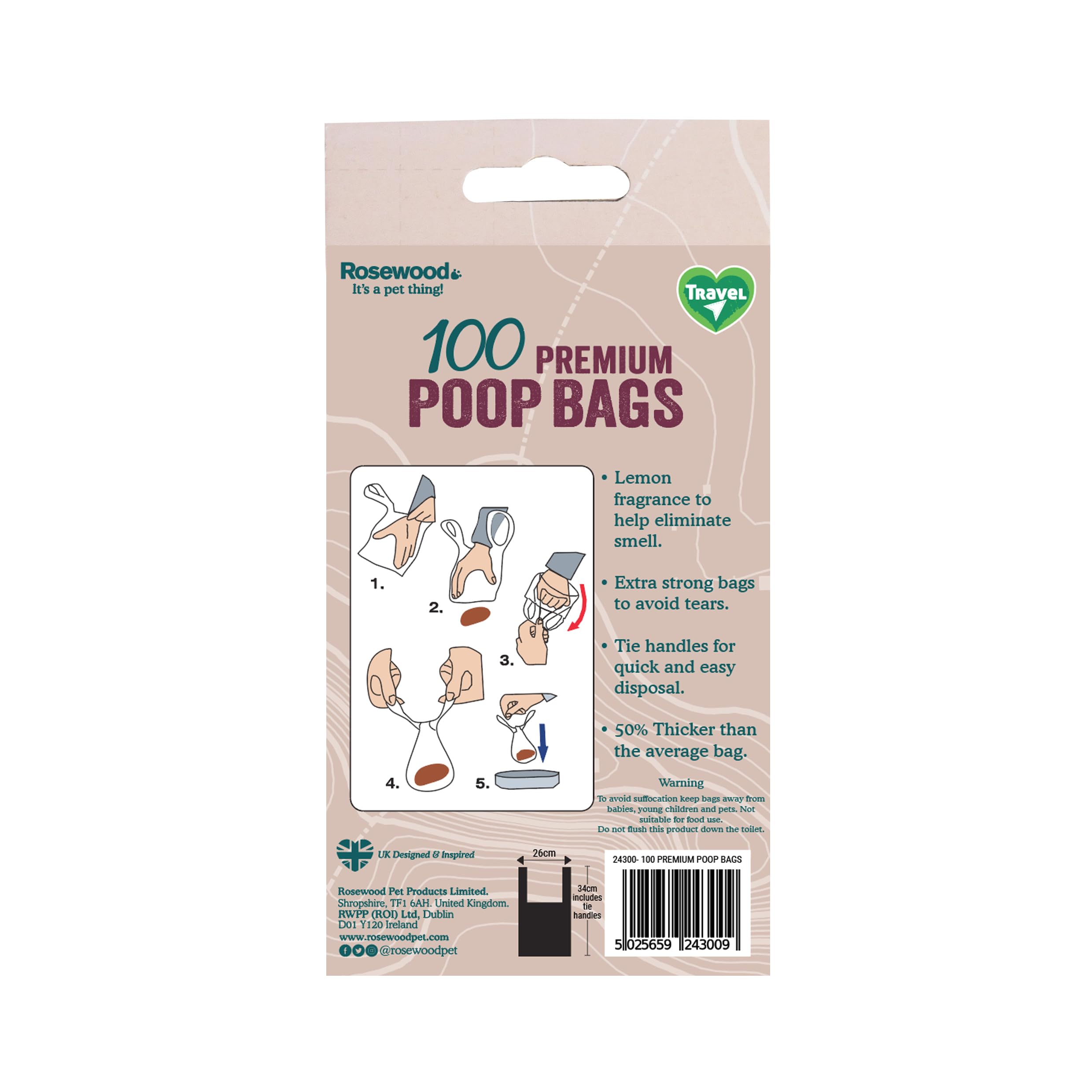Rosewood Dog Poo Bags with Handles - 100 Count, Black, Lightly Lemon Scented, 26 x 34 cm