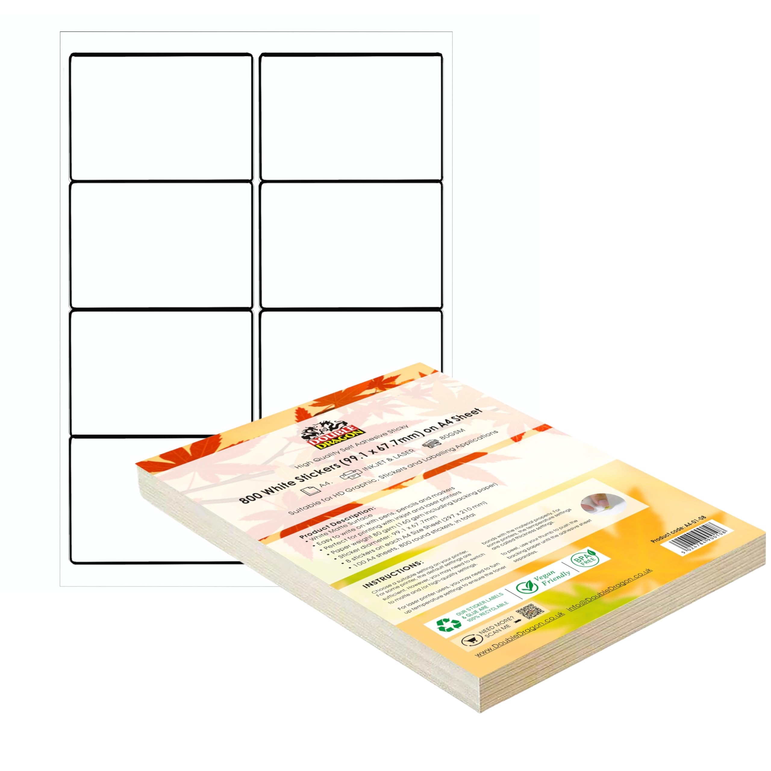 Double Dragon A4 Self Adhesive Address Labels, 8 Per Sheet, Matte White, 800 Labels Total 1