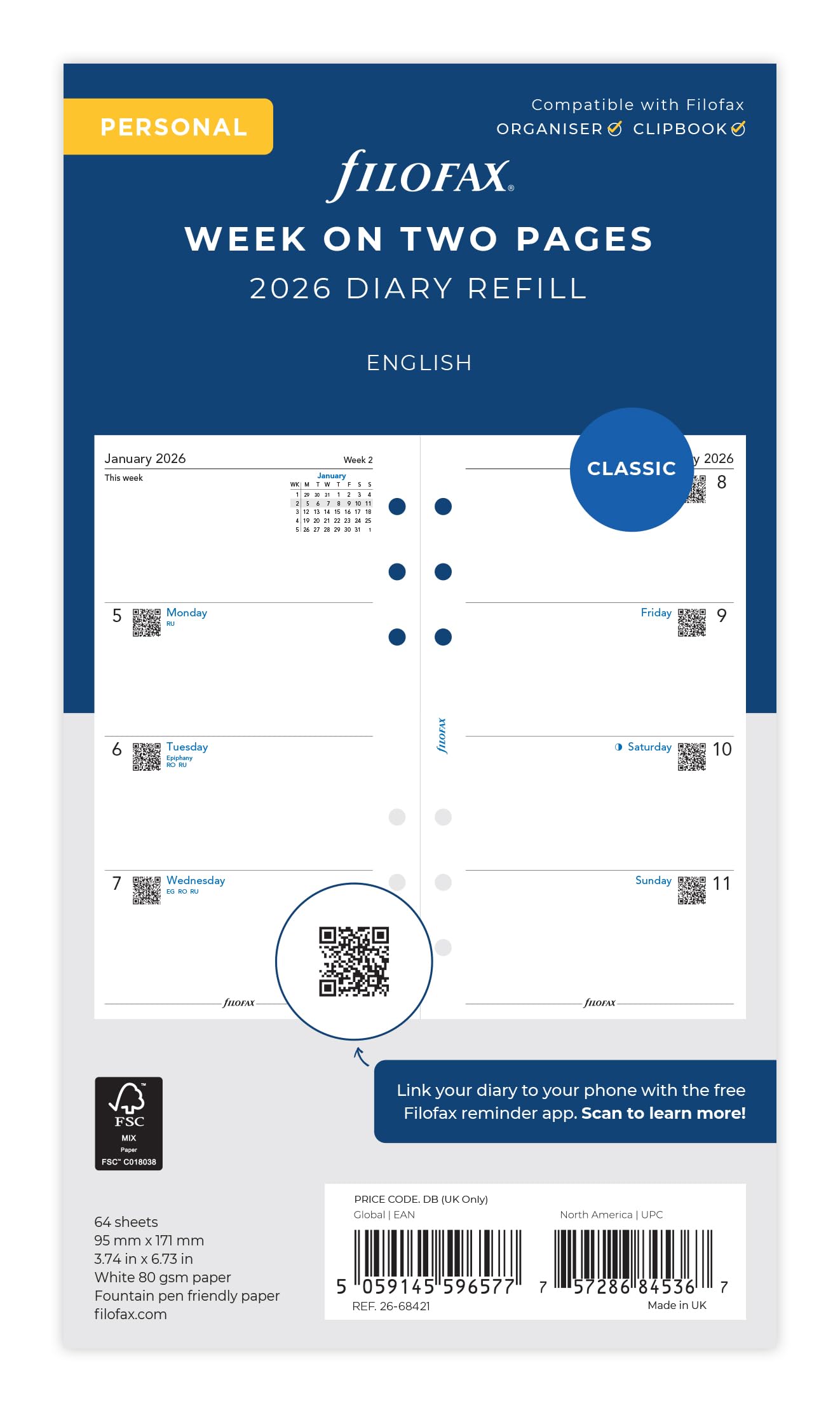 Filofax Personal 2026 Diary Refill - Week on Two Pages | 95mm x 171mm | English 1