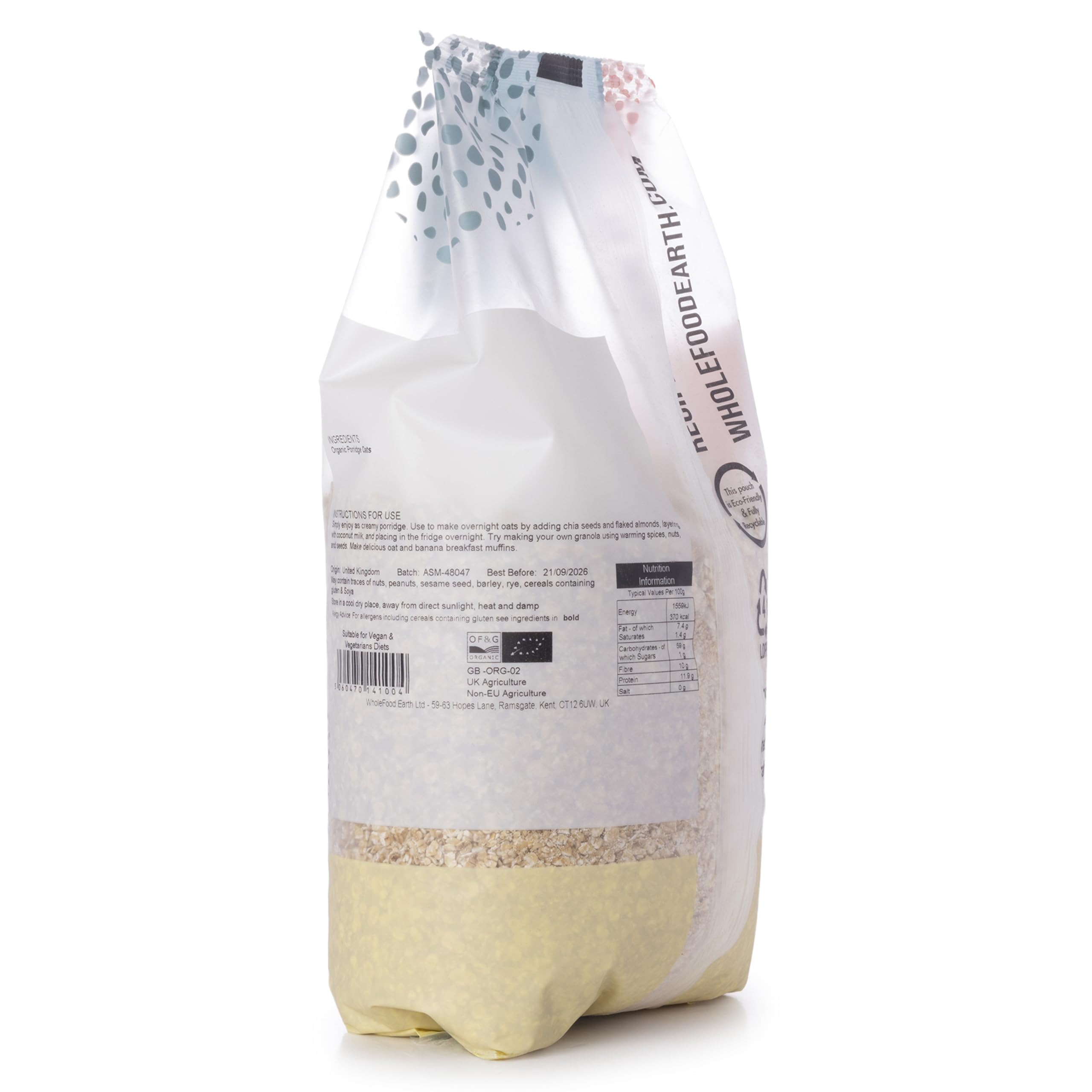 Wholefood Earth Organic Porridge Oats - 1 kg | High Fibre | Vegan 3