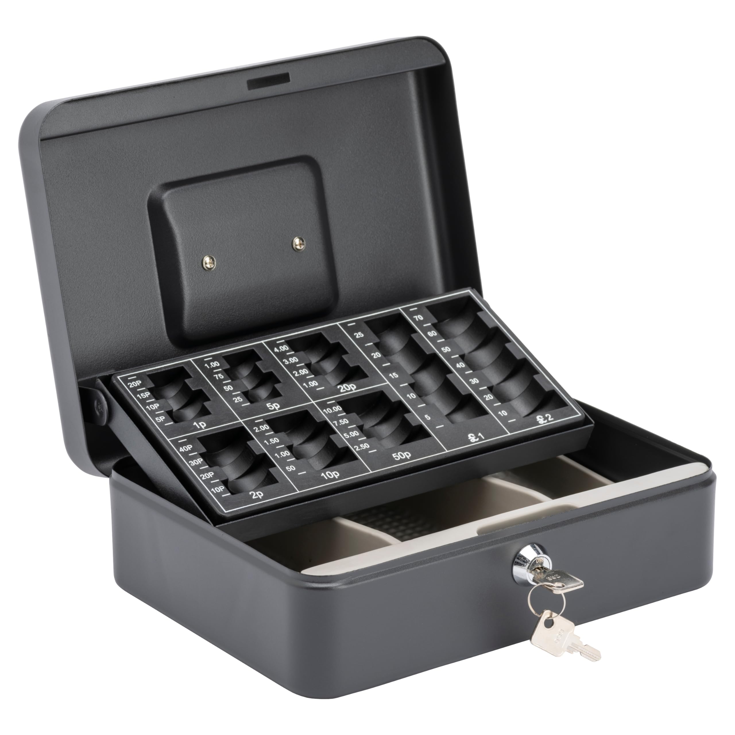 Burg-Wächter CB03GBBK 10' Cash Box with Sterling Coin Tray | Black Metal | Key Lock