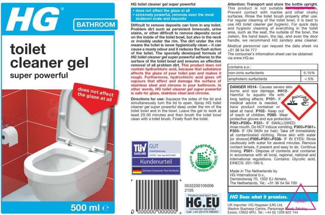 HG Super Powerful Toilet Cleaner Gel - 500ml Bathroom Descaler for Limescale & Stains