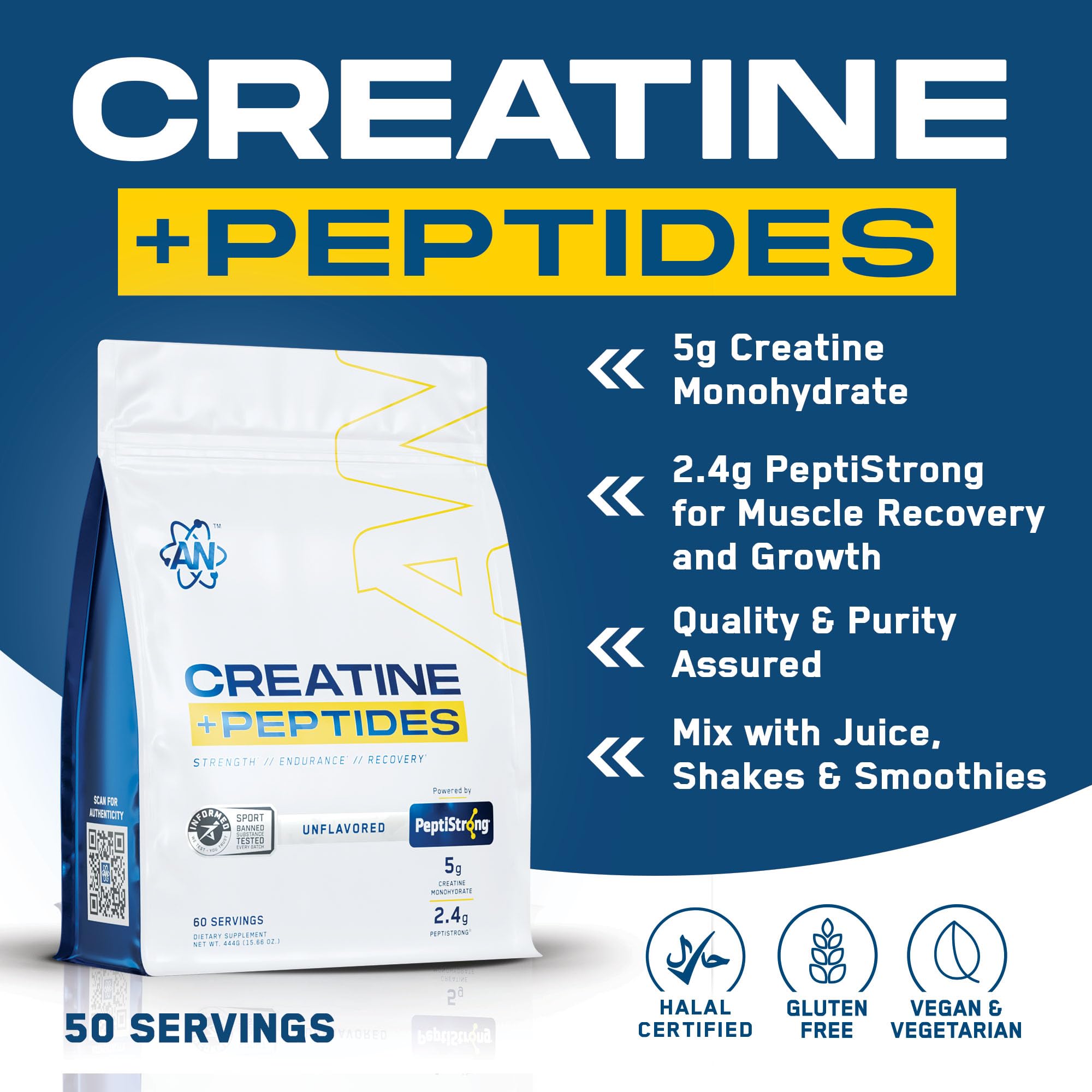 AN Creatine + Peptide Powder - 5g Creatine Monohydrate | 60 Servings | Vegan, Halal