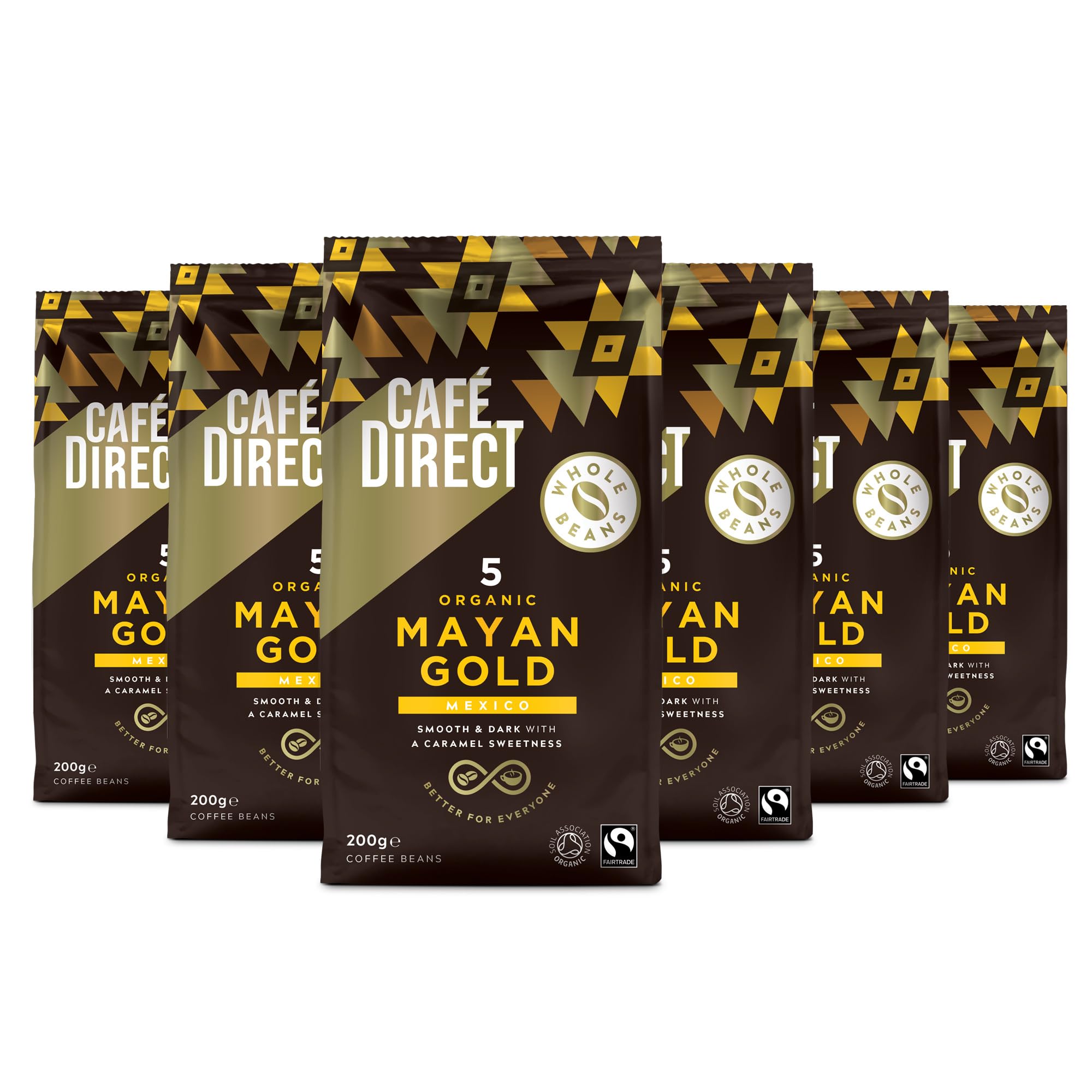 Café Direct Mayan Gold Organic Whole Coffee Beans - Dark Roast, Caramel Notes | 200g Pack of 6 1
