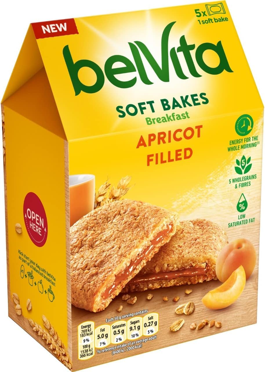 Belvita Soft Bakes Breakfast Biscuits Filled with Apricot - Chewy Soft Bars with Calcium, Magnesium & Fibre
