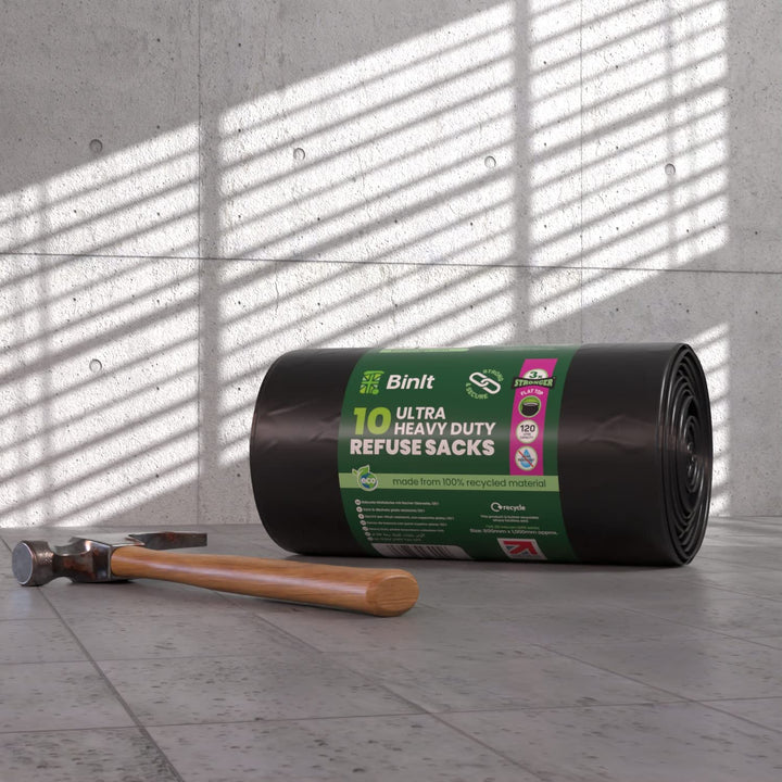 BIN IT Ultra Heavy Duty 120L Refuse Sacks 10 Pack, 80kg Lift Tested, 60μm Thickness, Recycled LDPE Bin Liners