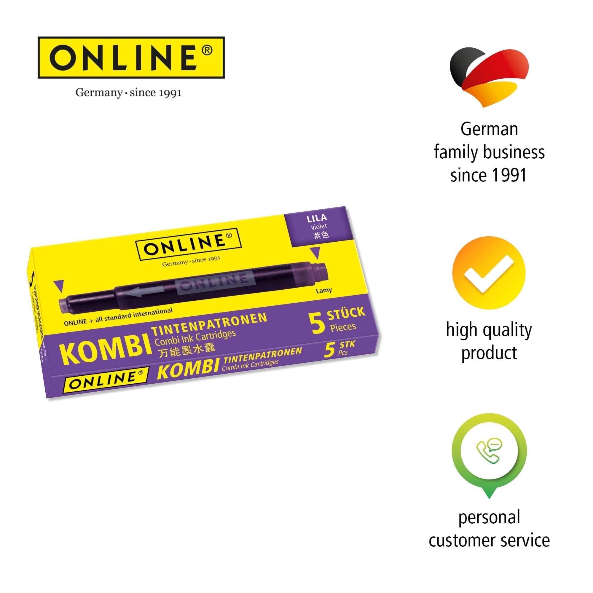 Online Universal Double-Sided Fountain Pen Refills - 5 Lilac Cartridges | Compatible with Lamy 7