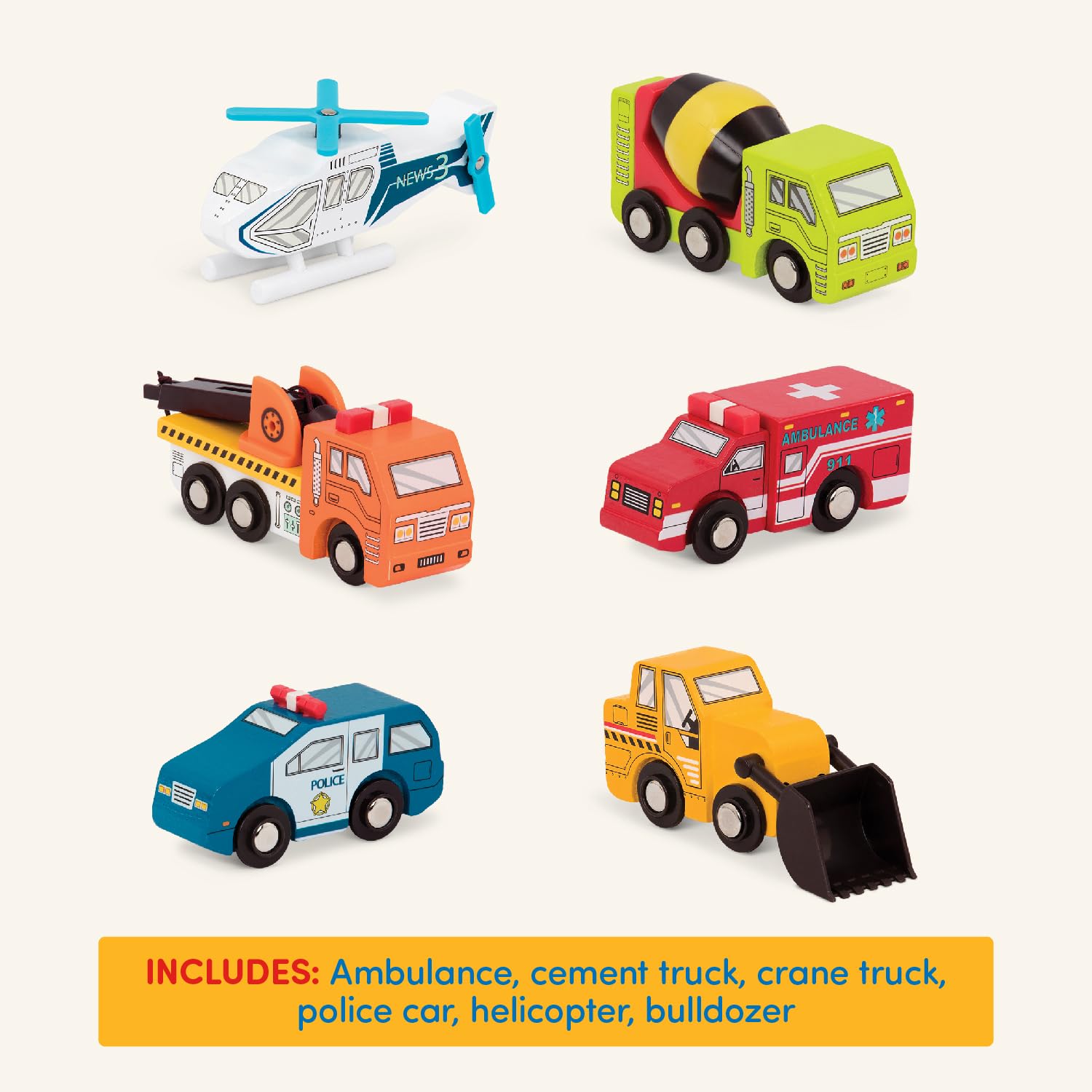 Battat Wooden Vehicles Set - 6pc Rescue & Construction Toy Playset for Kids 3+ 6
