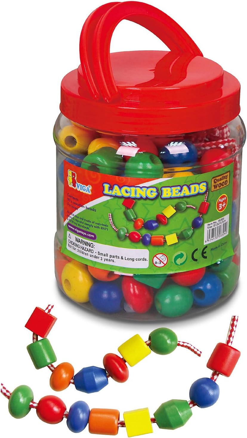Viga Wooden Jumbo Lacing Beads Tub - Educational Threading Toy for Kids 3+ 1