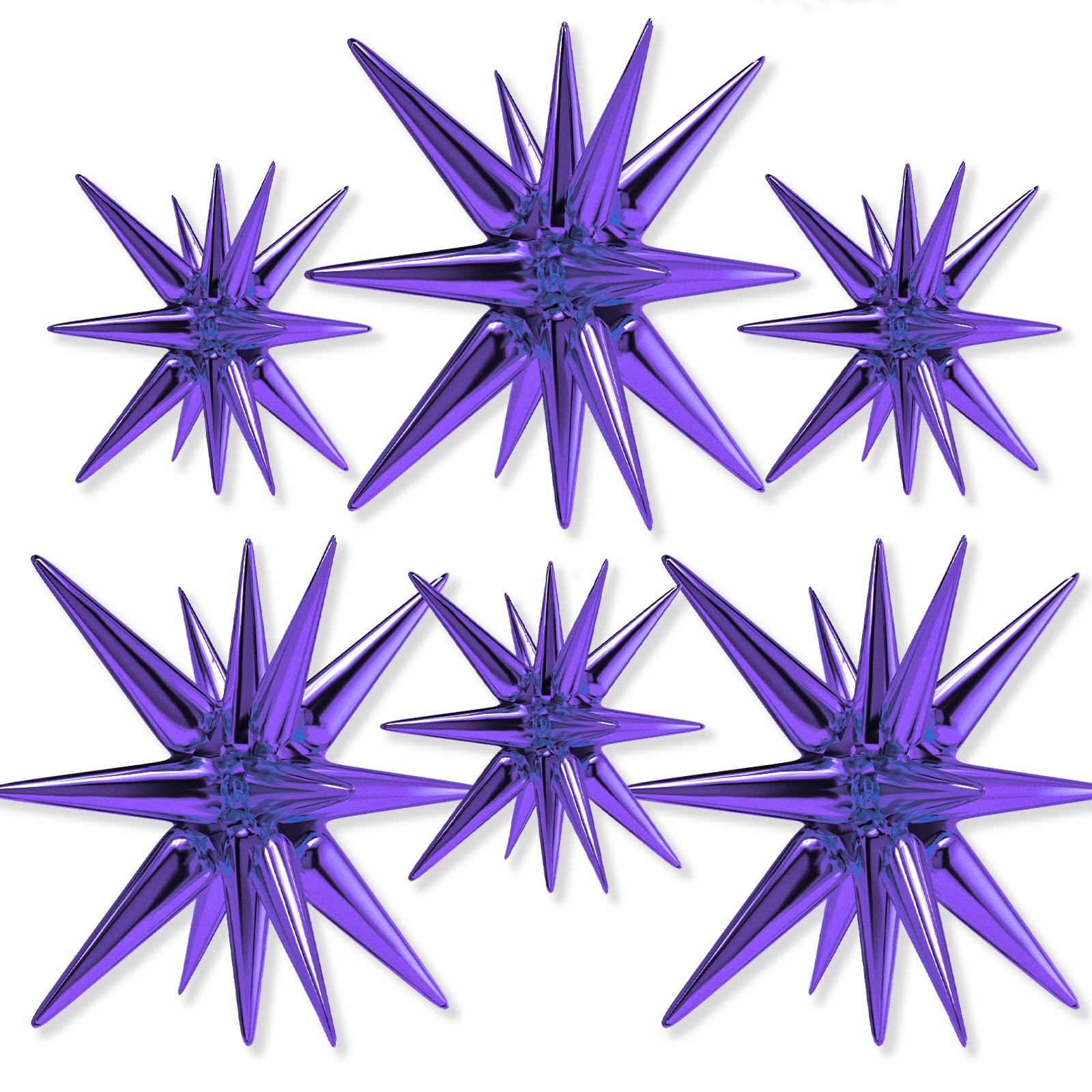 PartyWoo - Purple Star Balloons 6 pcs, One-Piece 14-Pointed Starburst Foil Balloons 27 & 22 inch with Ribbon 7